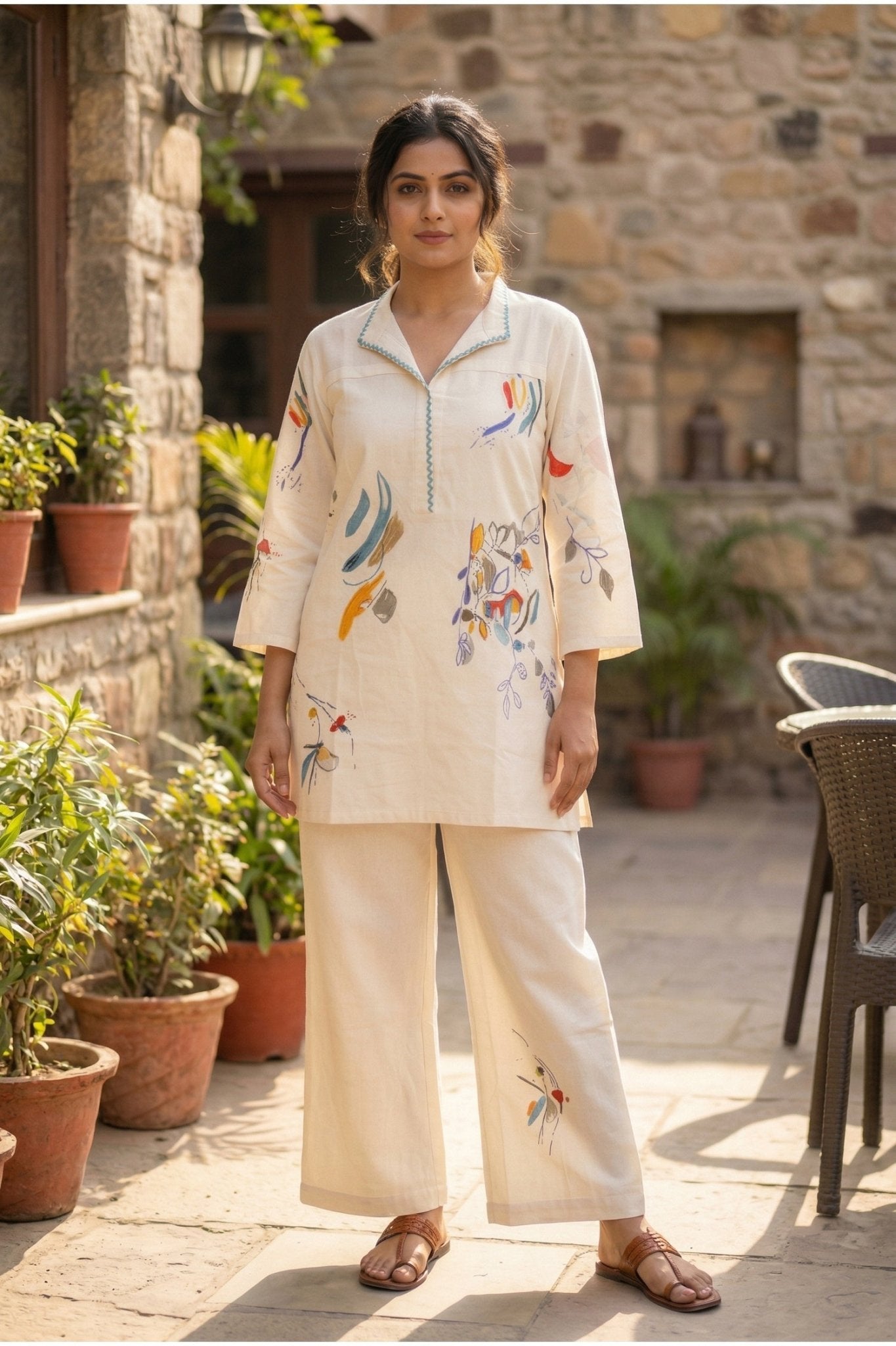 Off-White Cotton Co-ord Set with Minimal Print - Freyaa USA & Canada