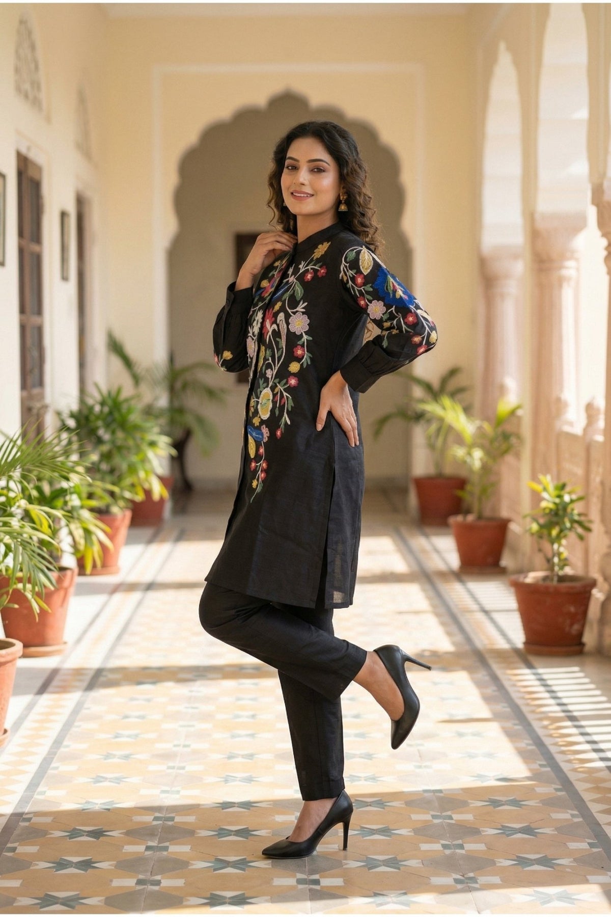 Black Co-ord Set with Multicolor Thread Embroidered Top - Freyaa USA & Canada