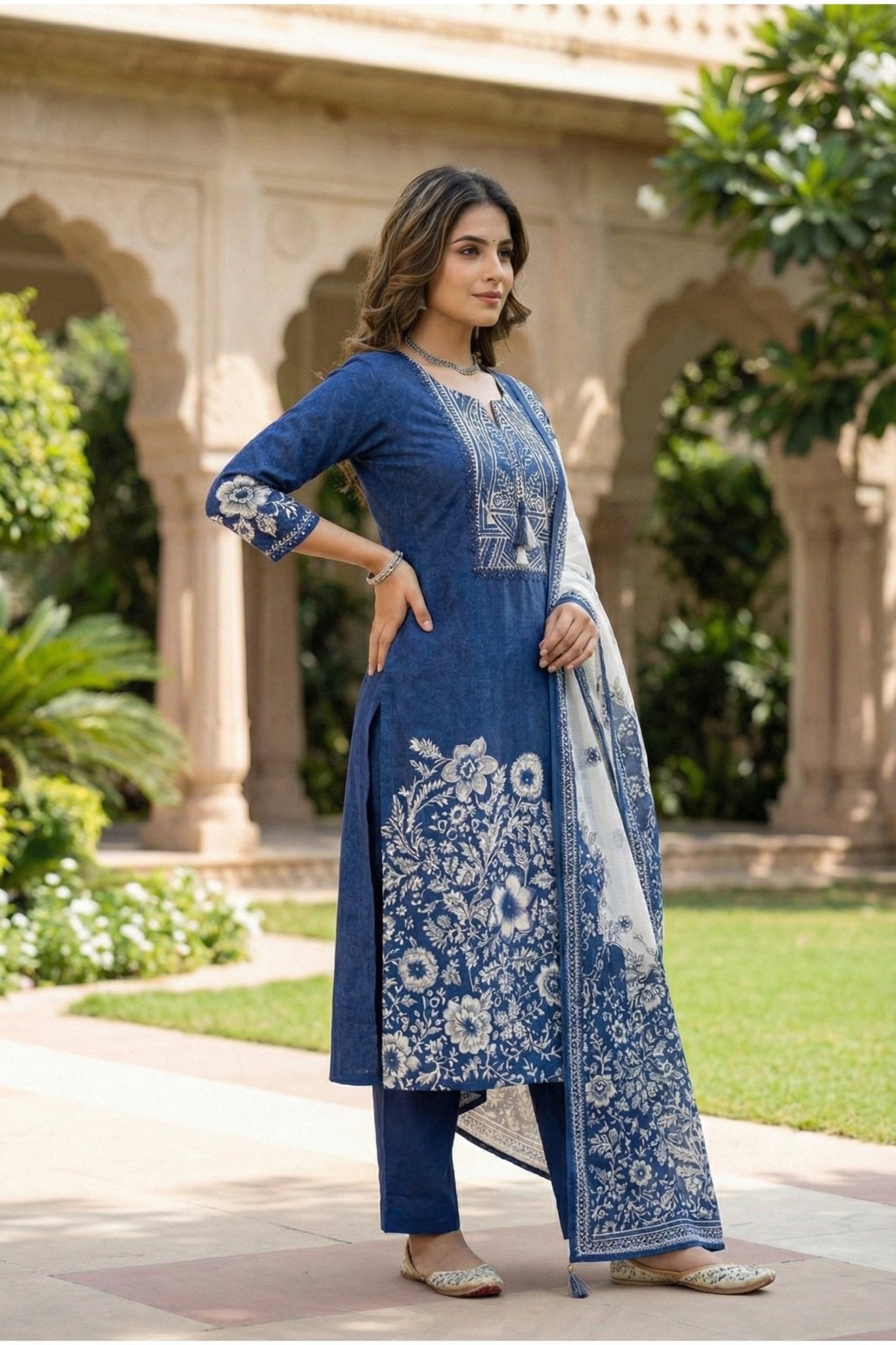 Blue Cotton Three-Piece Set with Digital Print - Freyaa USA & Canada