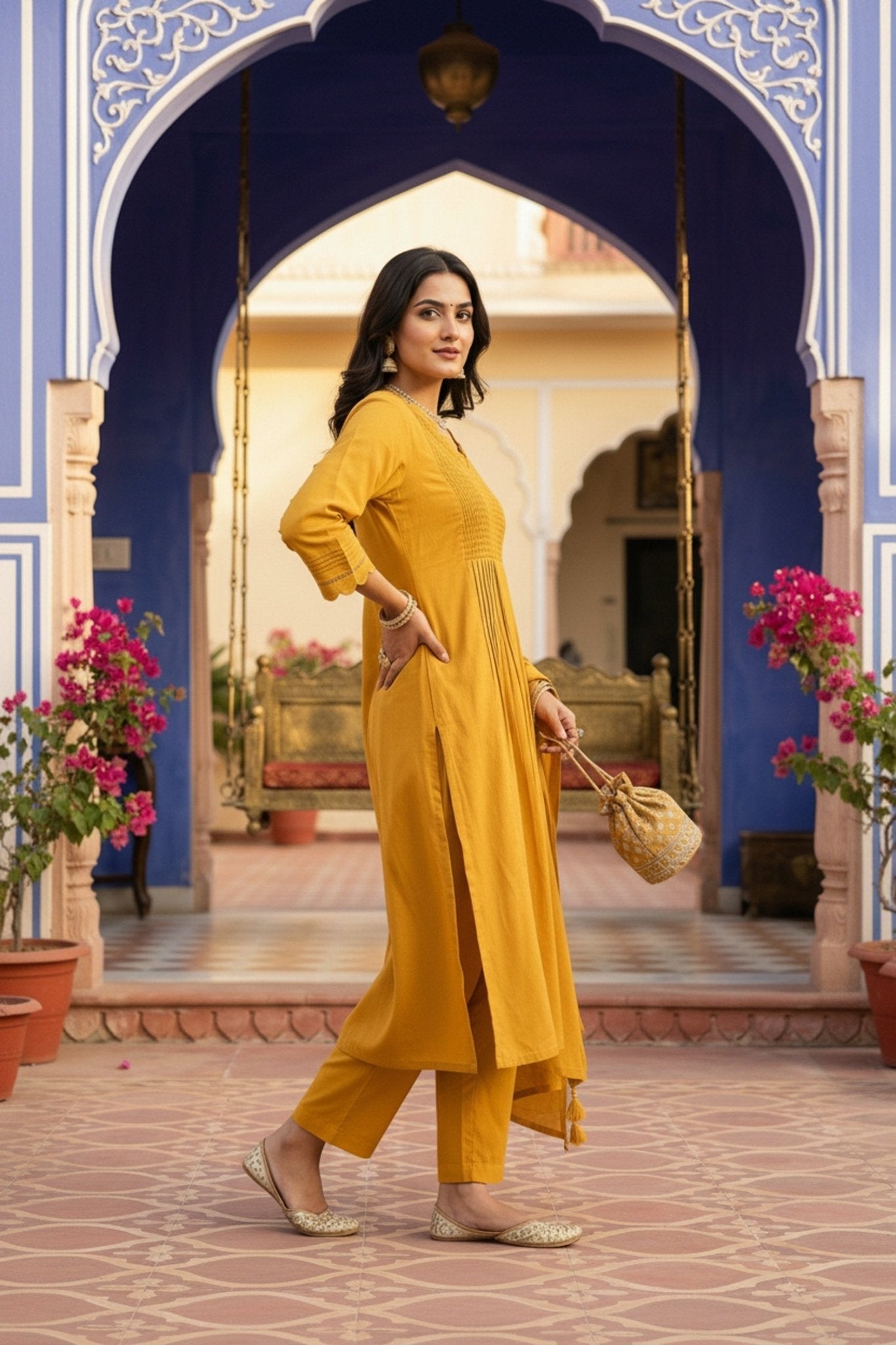 Mustard Straight-Cut Cotton Three Piece Suit Set - Freyaa USA & Canada