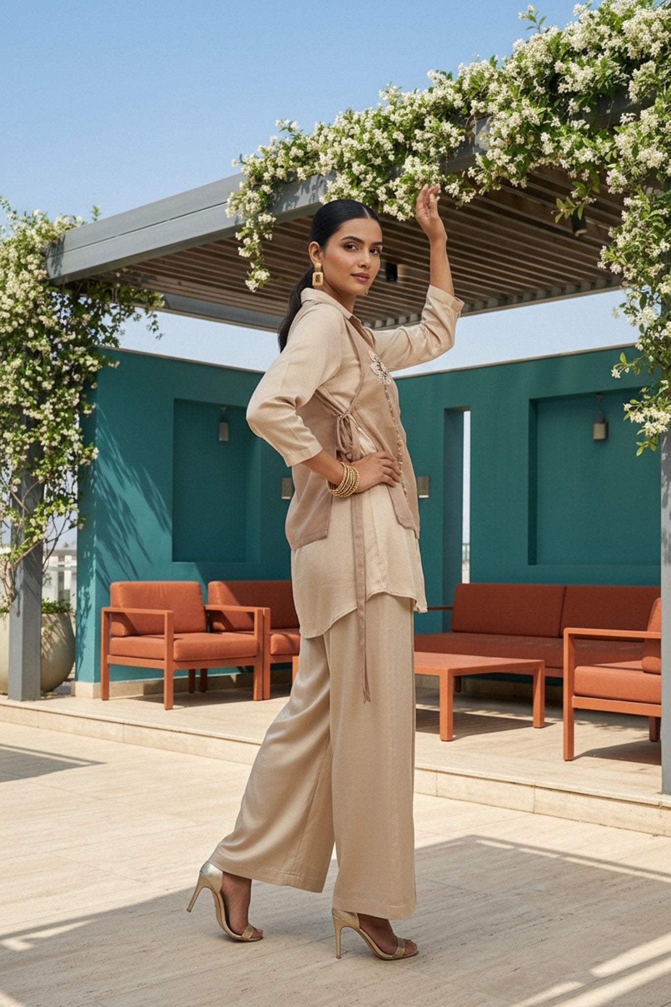 Beige Grace Tissue Jacket with Chinon Cord Set - Freyaa USA & Canada