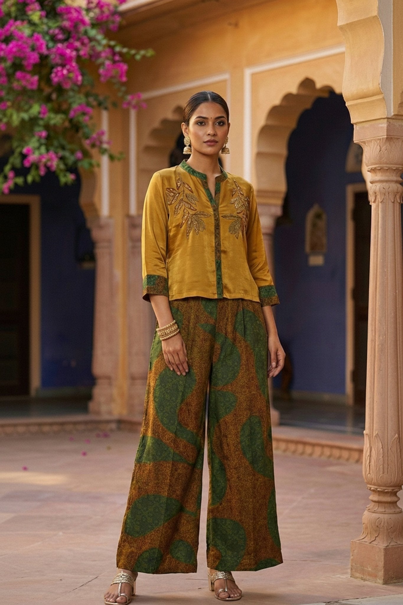Mustard Chinon Cord Set with Embroidered Top & Printed Pants - Freyaa USA & Canada