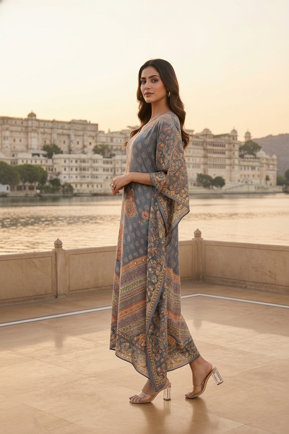 Grey Printed Long Kaftan with Embroidered Detailing in Viscose - Freyaa USA & Canada