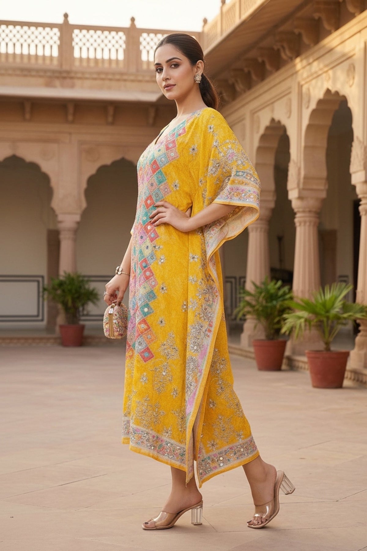 Multicolor Viscose Long Kaftan with Mirror Work Embroidery - Freyaa USA & Canada