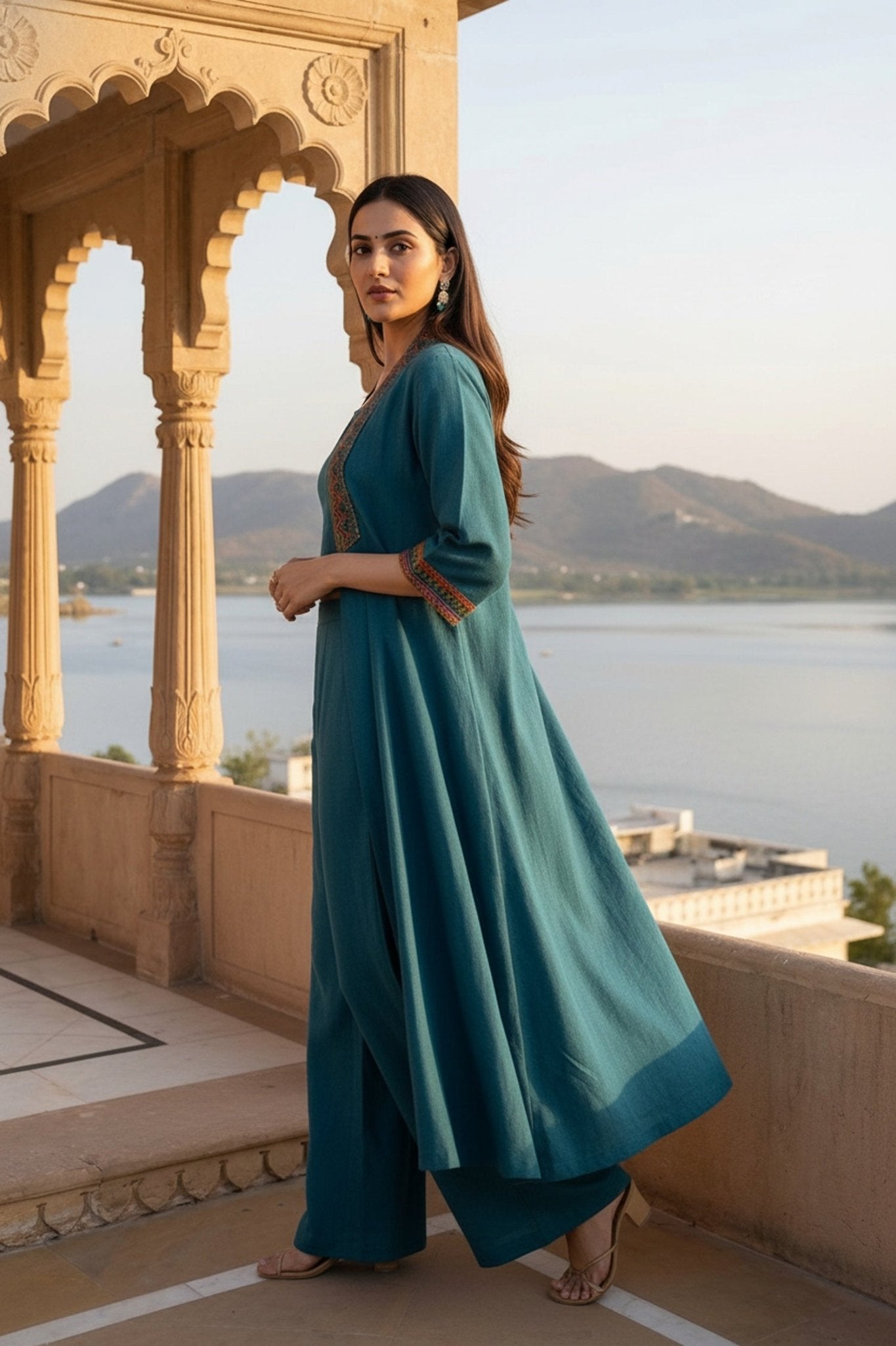 Teal Blue Cotton Co-ord Set with Long Jacket - Freyaa USA & Canada