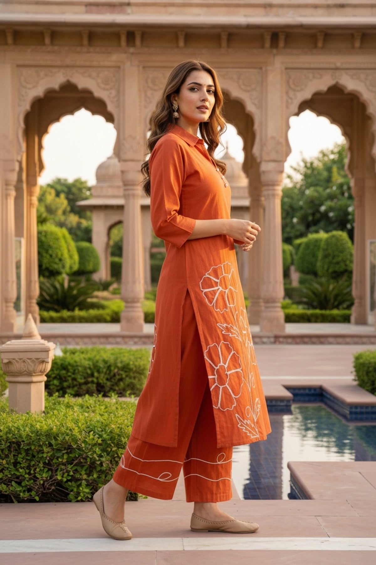 Rust Cotton Co-ord Set with Minimal Floral Thread Work - Freyaa USA & Canada