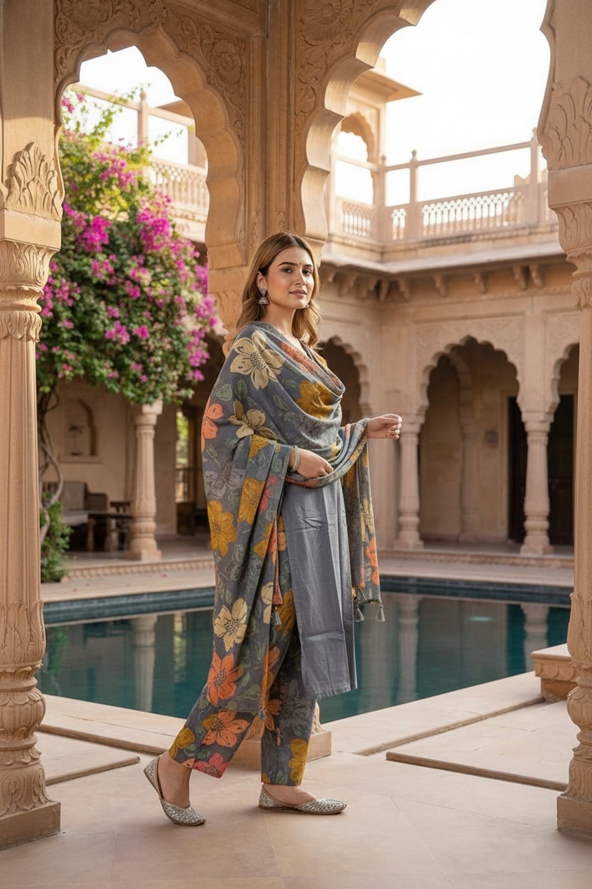 Grey Cotton Three-Piece Set with Printed Bottom & Dupatta - Freyaa USA & Canada