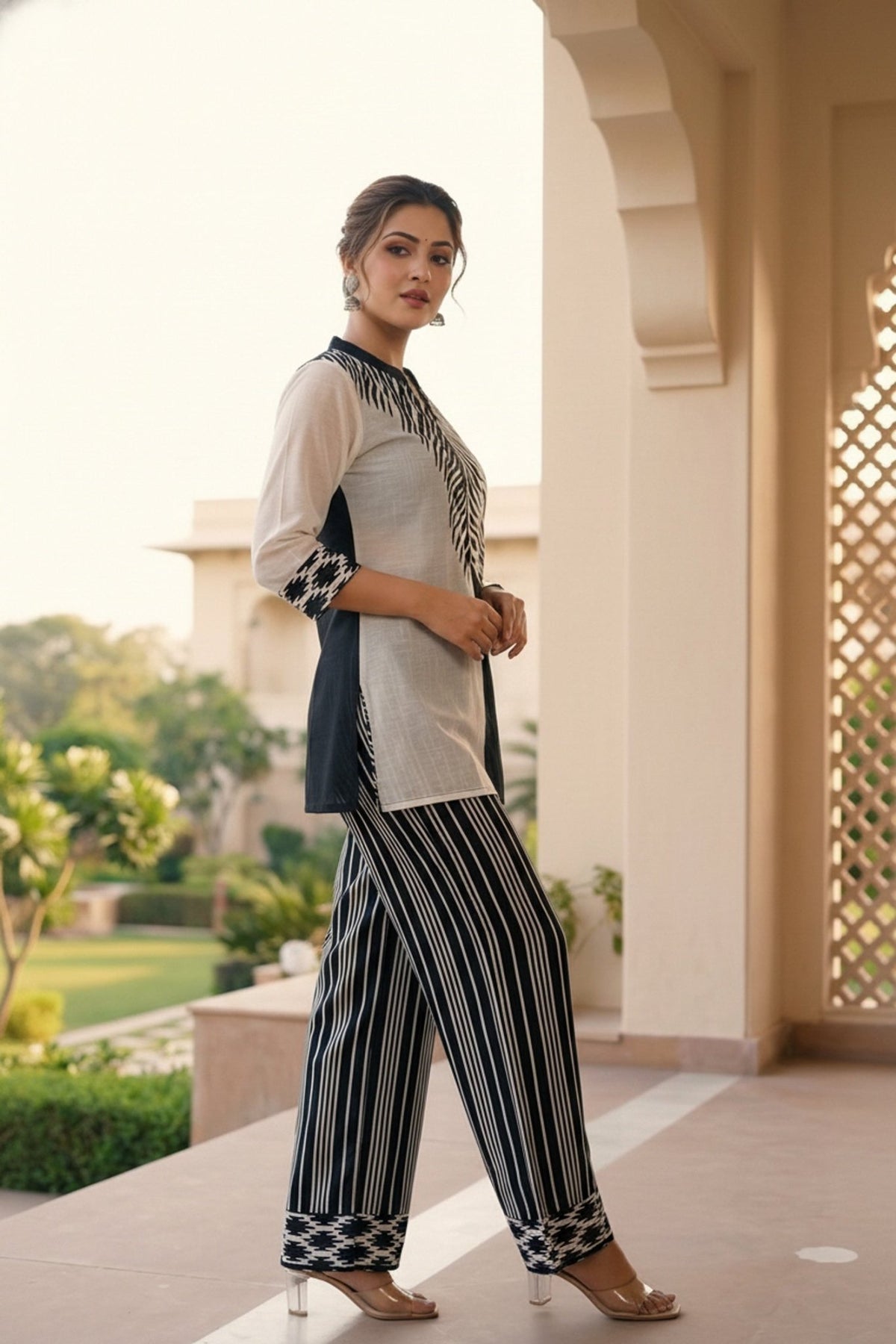 Black Cotton Co-ord Set with Contemporary Printed Design - Freyaa USA & Canada