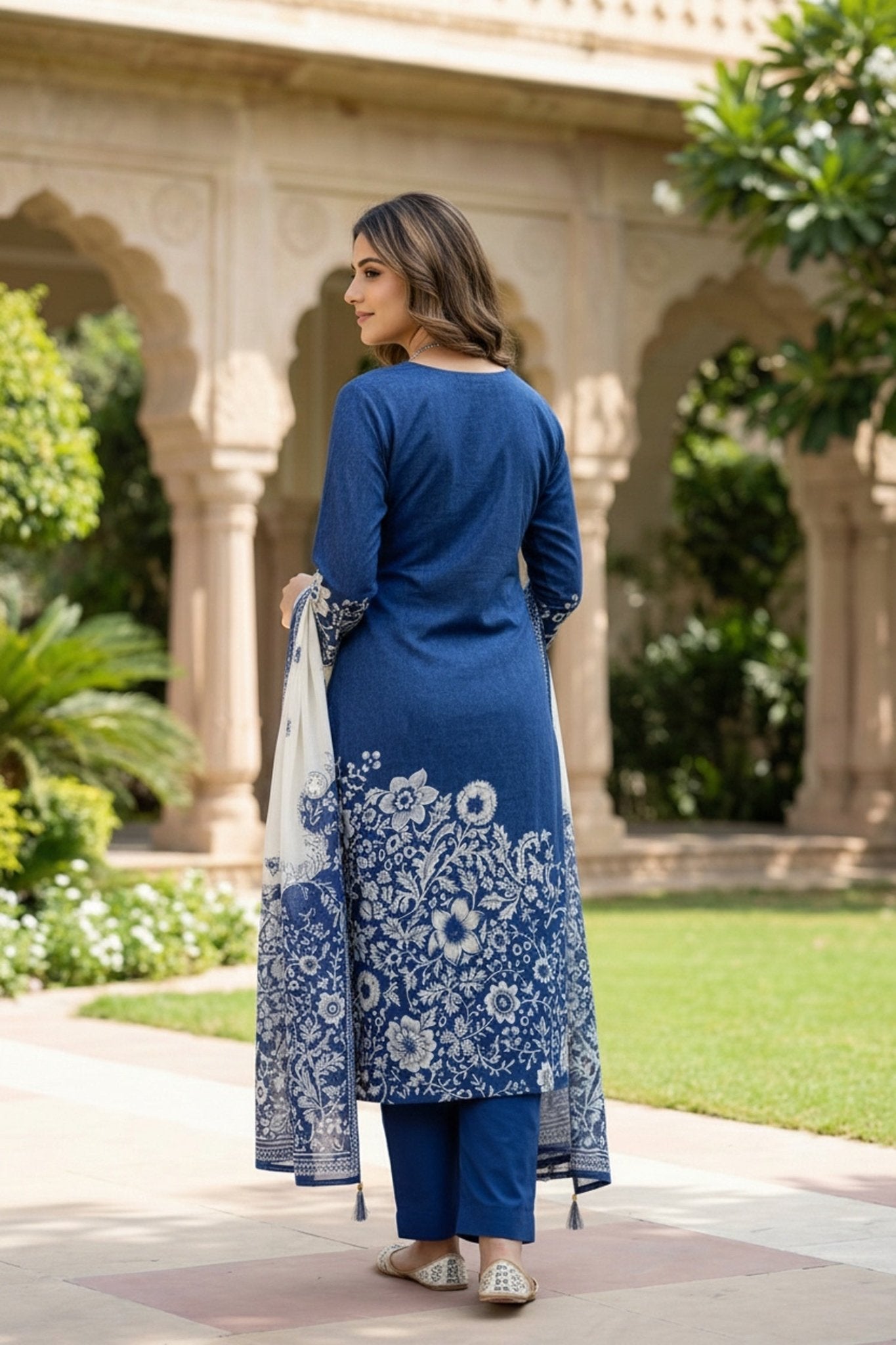 Blue Cotton Three-Piece Set with Digital Print - Freyaa USA & Canada
