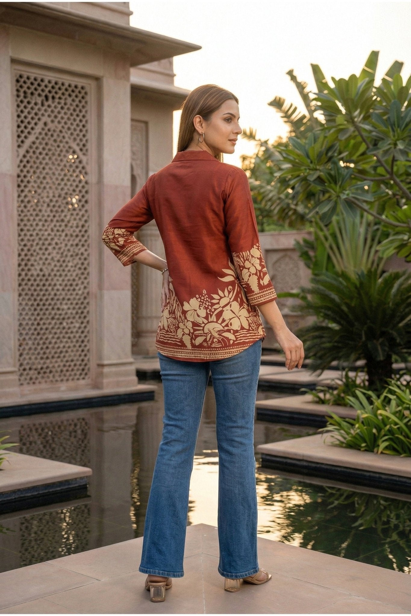 Rust Top with Contemporary Digital Print - Freyaa USA & Canada