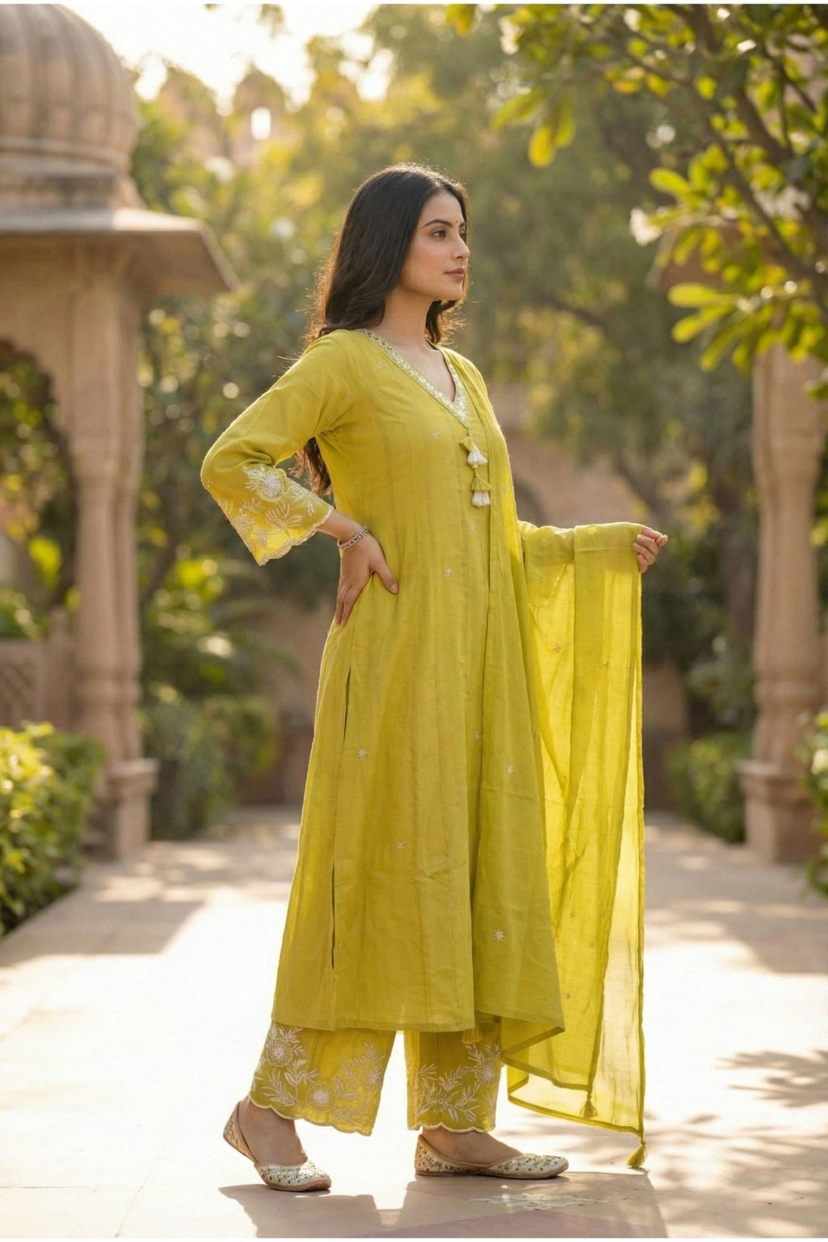 Mustard Embroidered Buti Kurta Set with Floral Placement Work & Tassel Neck Detail - Freyaa USA & Canada