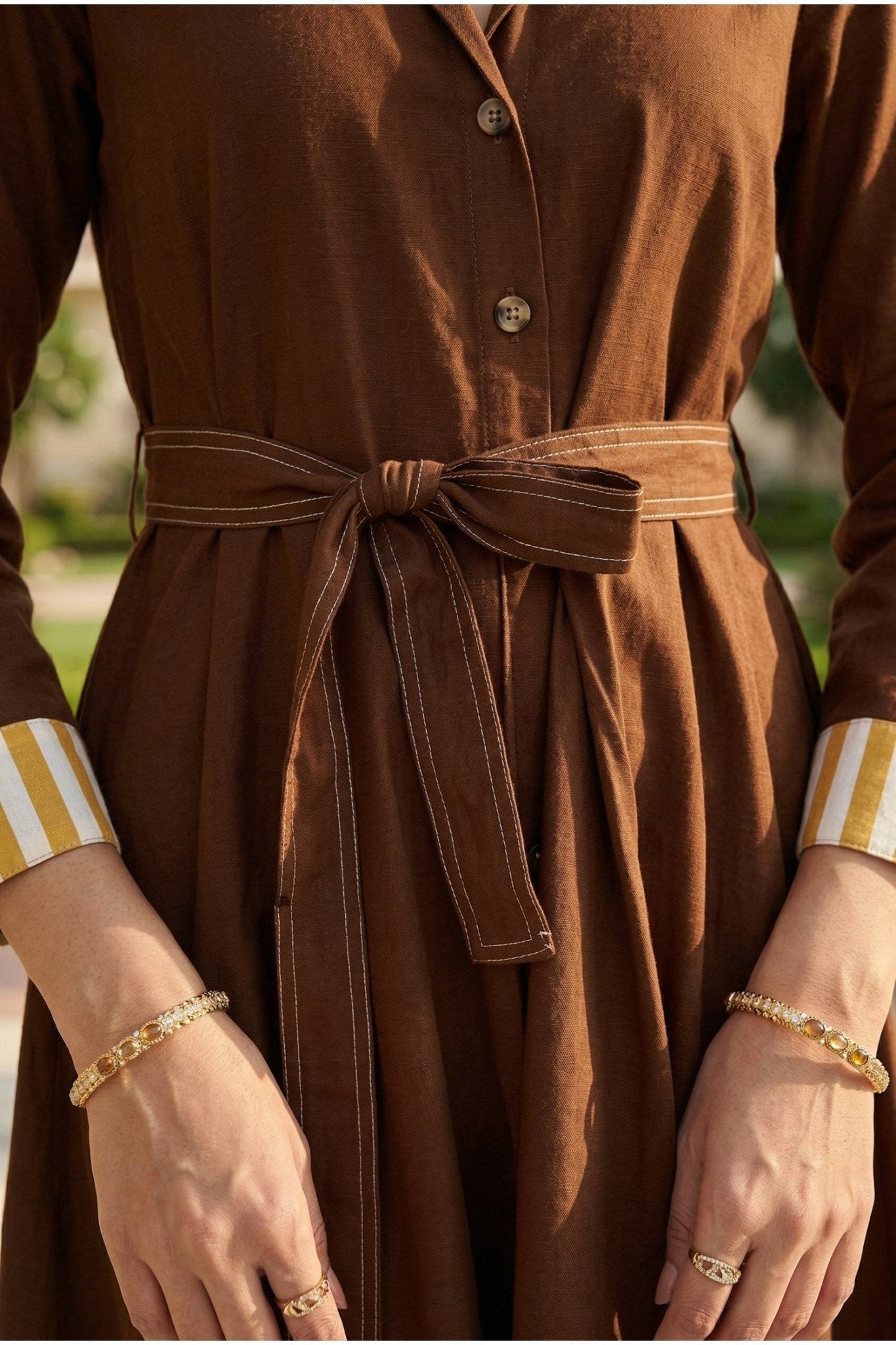 Brown Solid Long Dress with Belt - Freyaa USA & Canada
