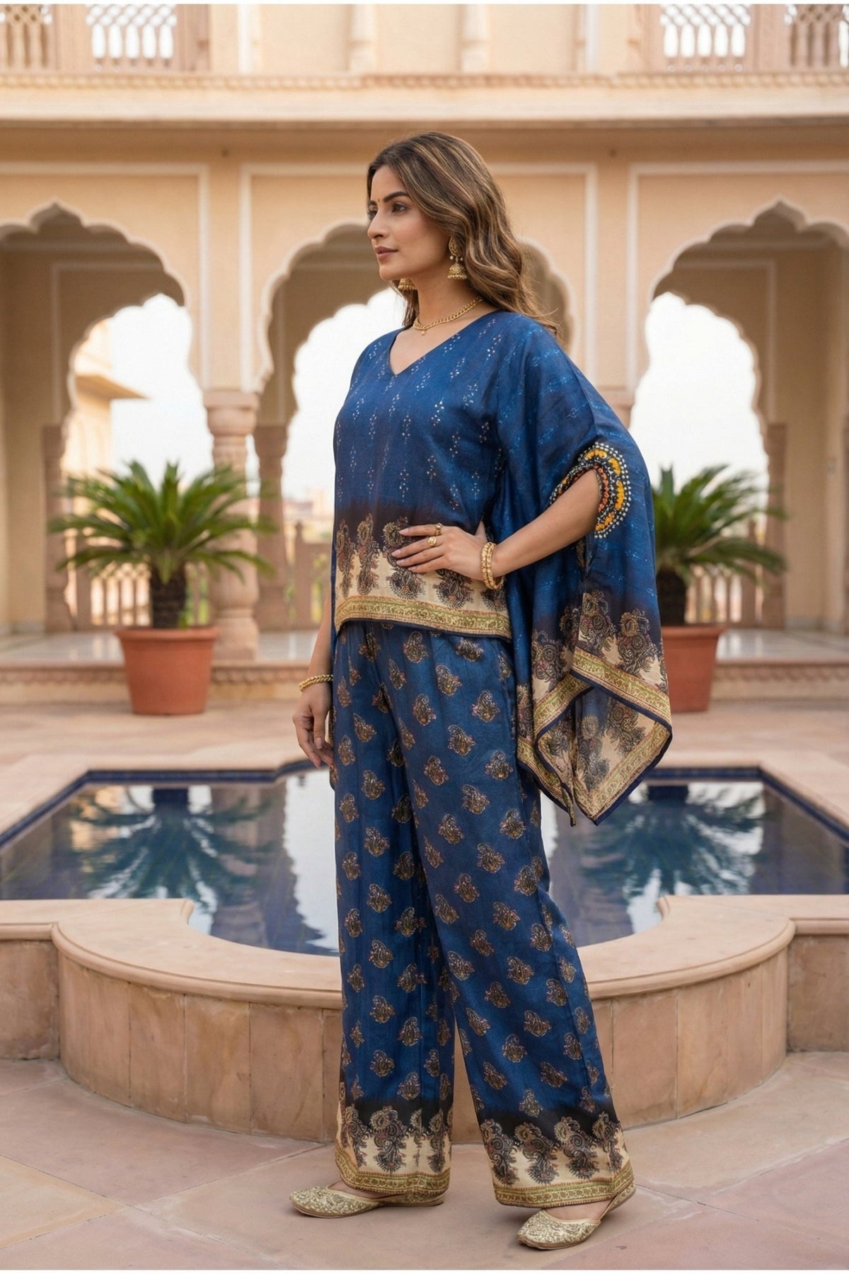 Navy Blue Ethnic Print Co-ord Set with Kaftan-Style - Freyaa USA & Canada