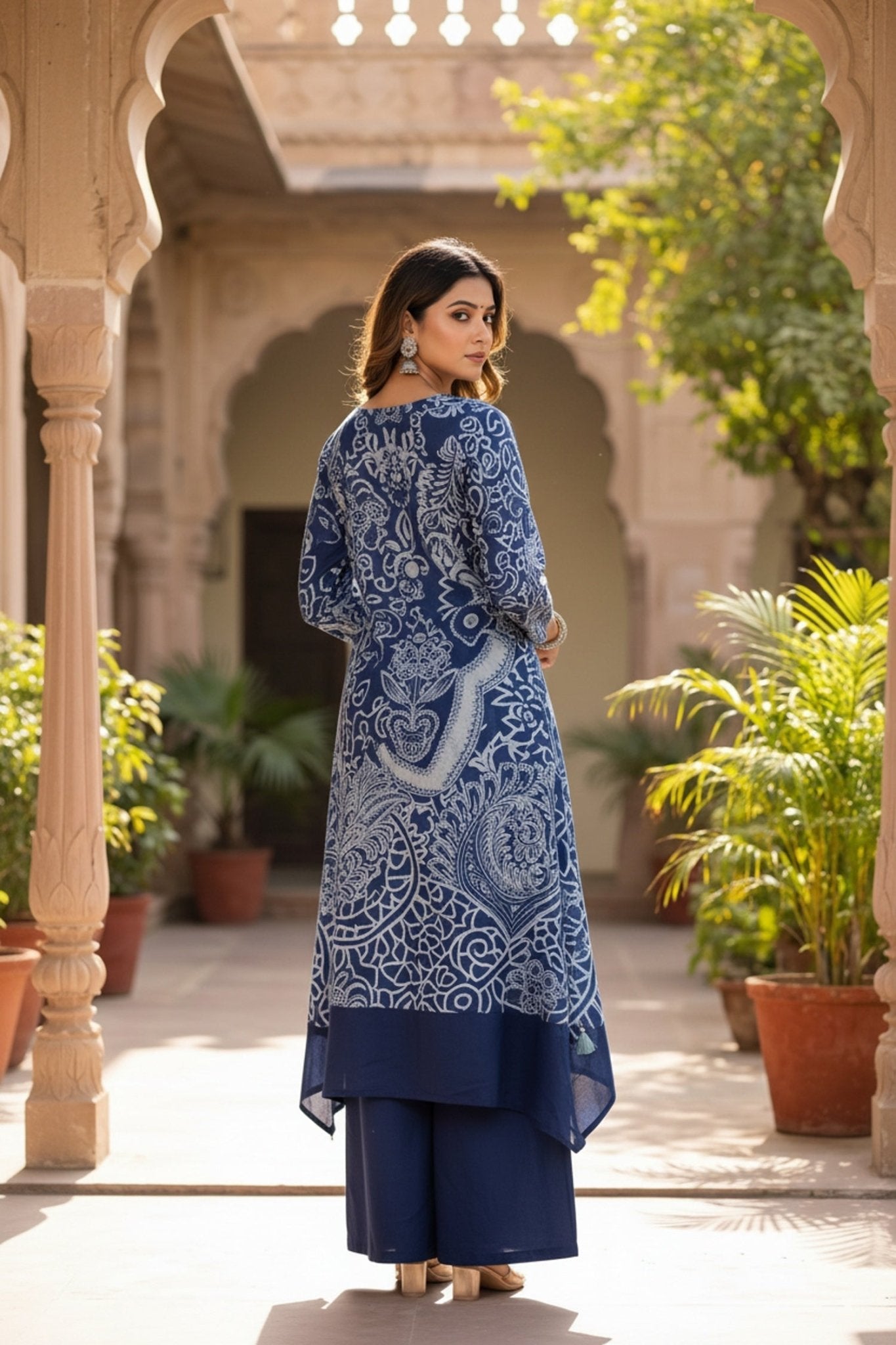 Indigo Blue Co-ord Set with Abstract Floral & Paisley Print - Freyaa USA & Canada
