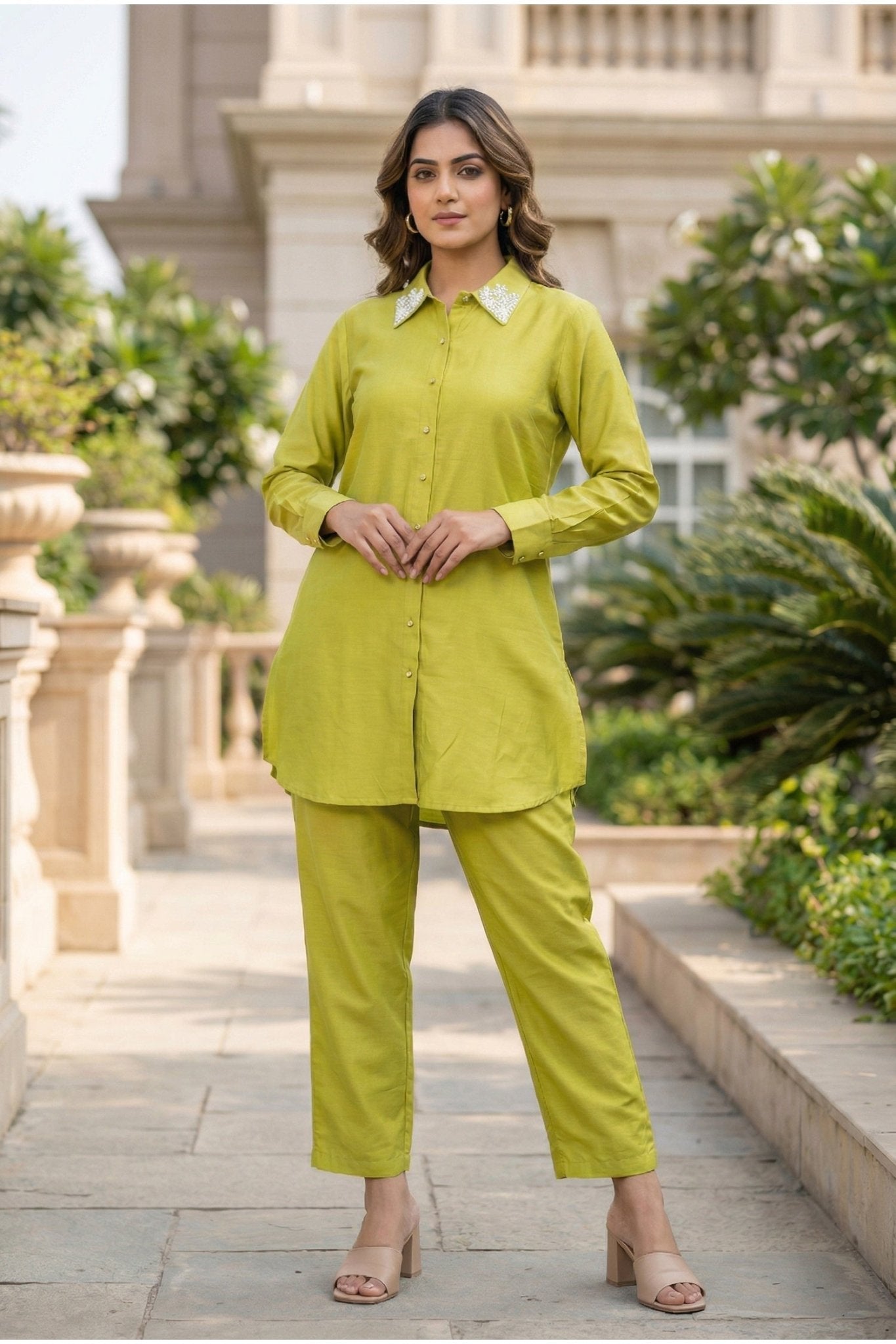 Yellow Cotton Co-ord Set with Collar Embroidery - Freyaa USA & Canada