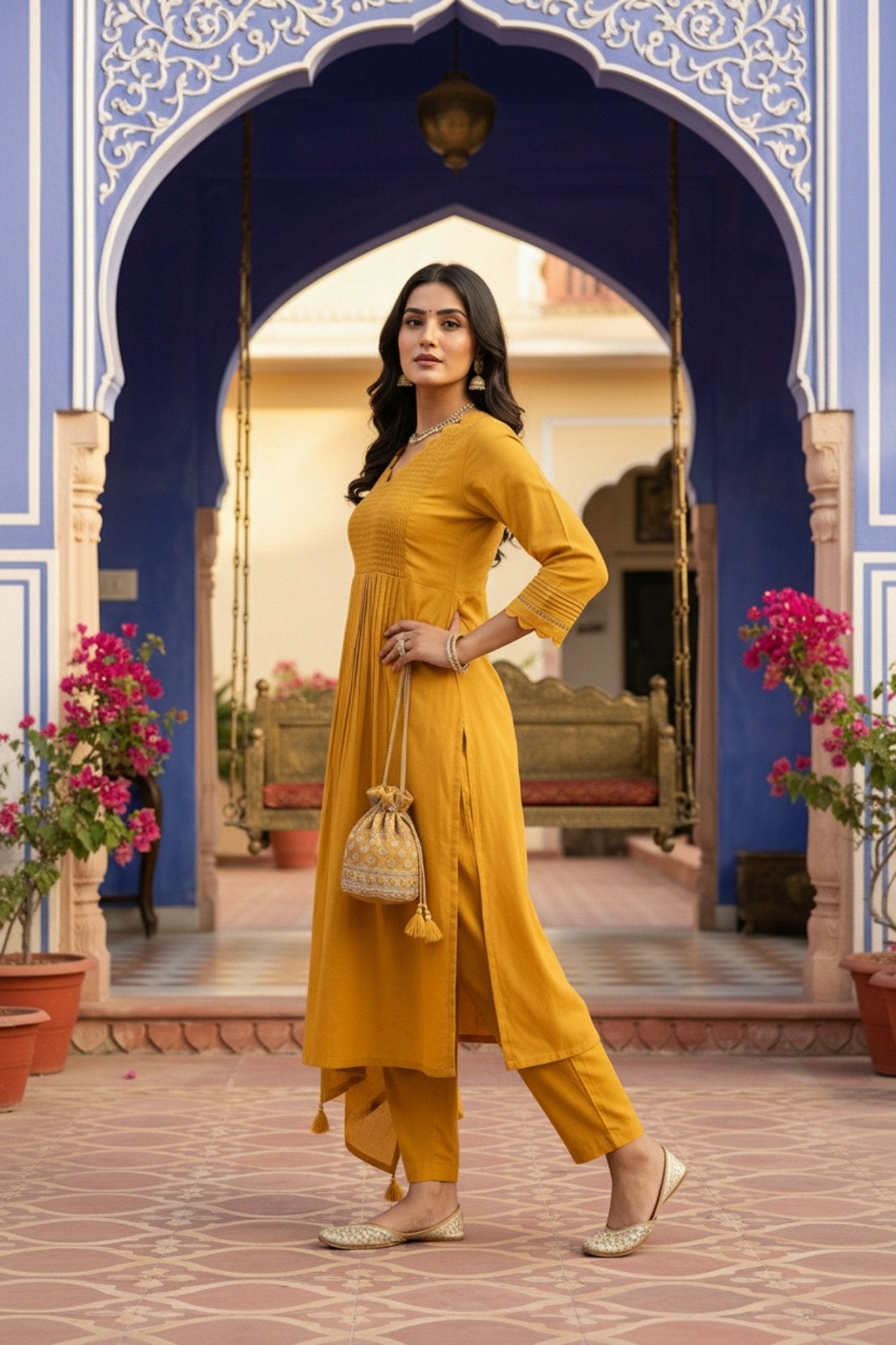 Mustard Straight-Cut Cotton Three Piece Suit Set - Freyaa USA & Canada