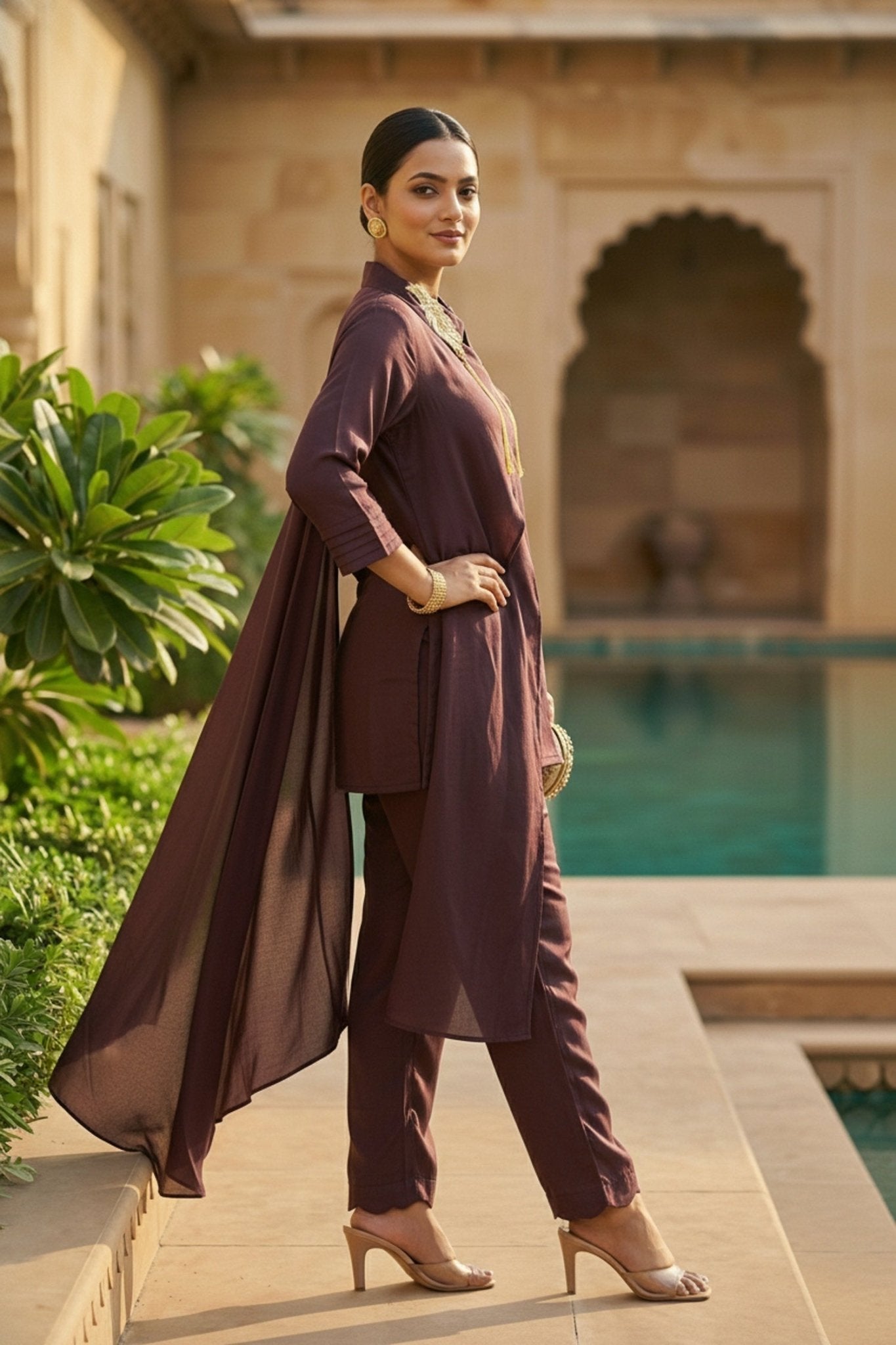 Wine Elegance Embroidered Collar Co-ord Set - Freyaa USA & Canada