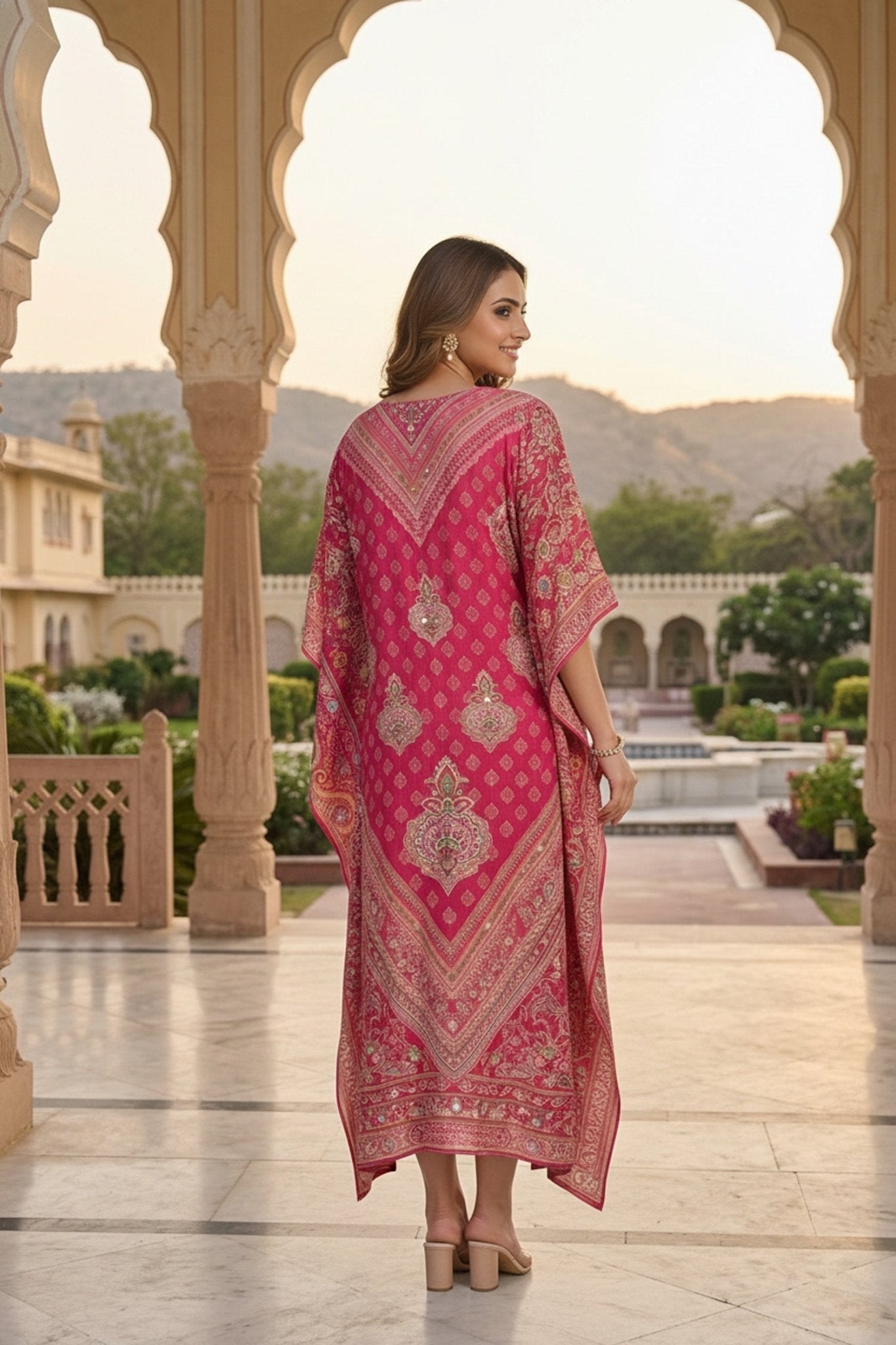 Pink Printed Viscose Long Kaftan - Freyaa USA & Canada