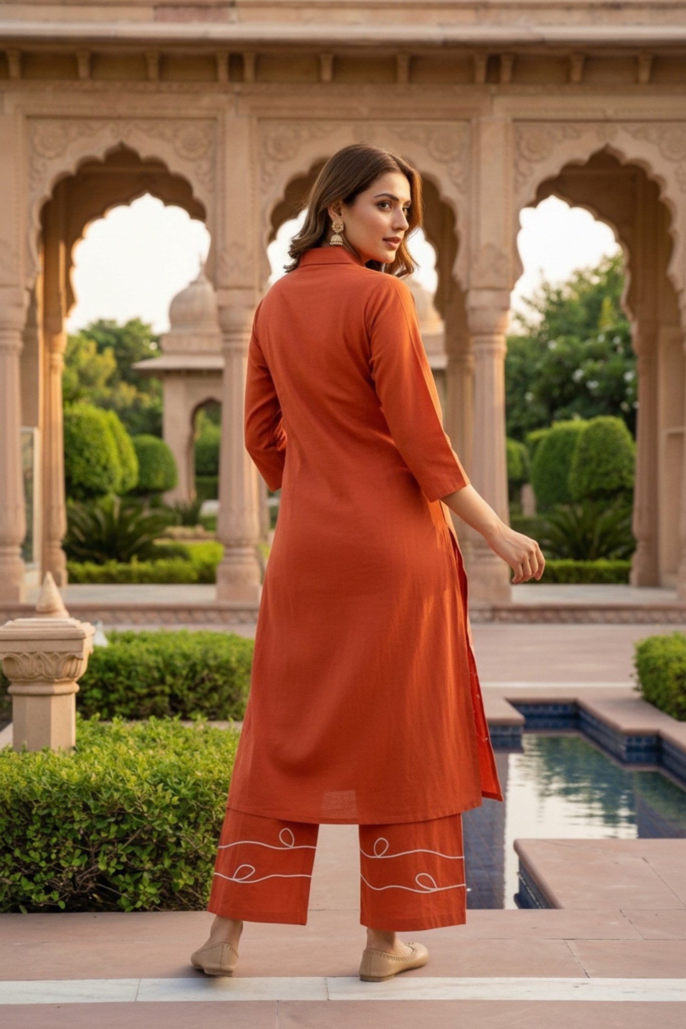 Rust Cotton Co-ord Set with Minimal Floral Thread Work - Freyaa USA & Canada