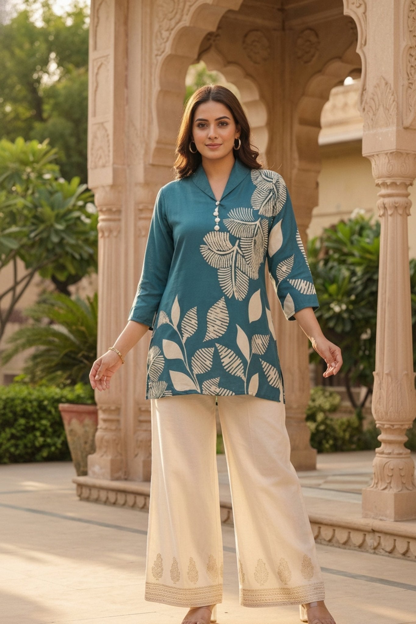 Abstract Leaf Motif Rama Top - Freyaa USA & Canada