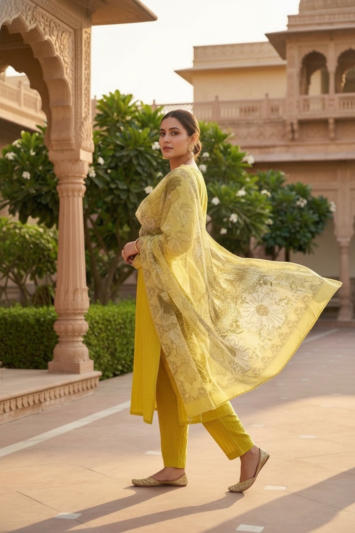 Yellow Cotton Three-Piece Set with Tissue Silk Dupatta - Freyaa USA & Canada
