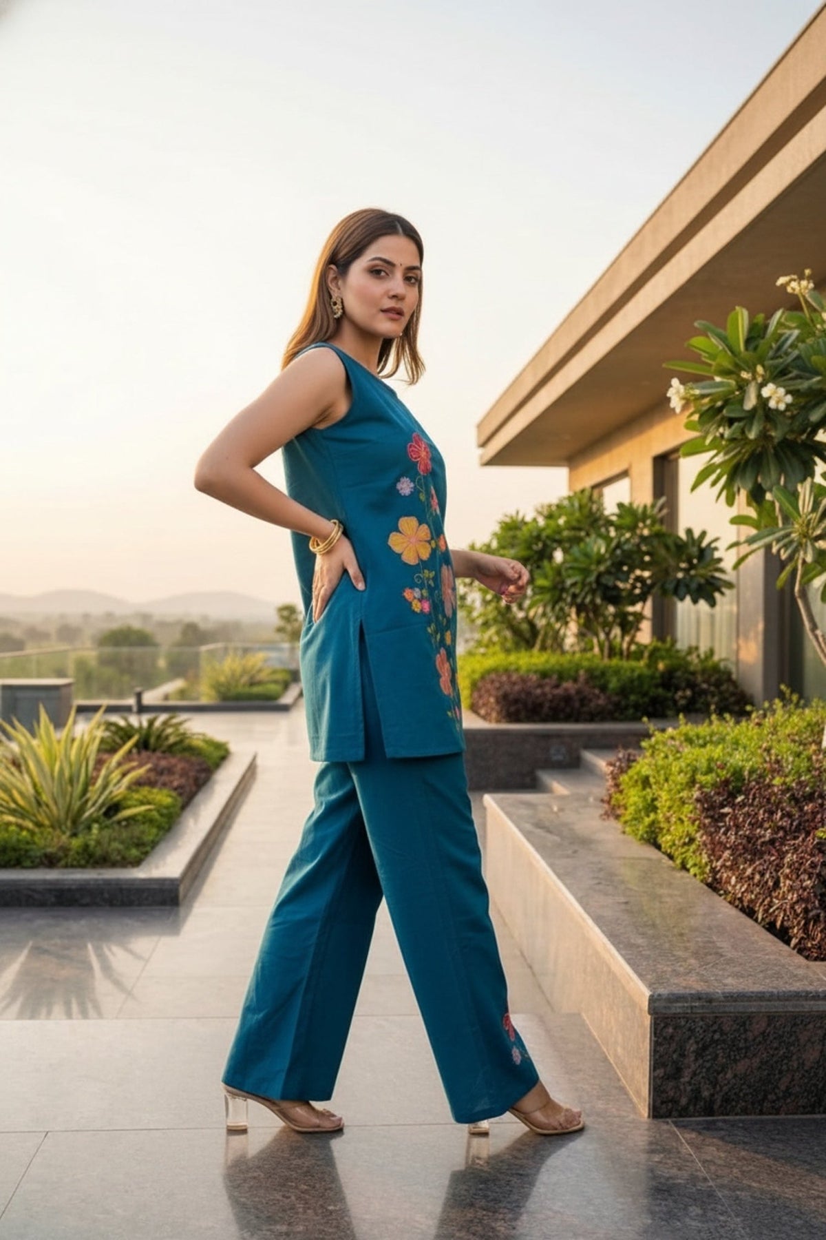 Blue Sleeveless Cotton Co-ord Set with Floral Embroidery - Freyaa USA & Canada