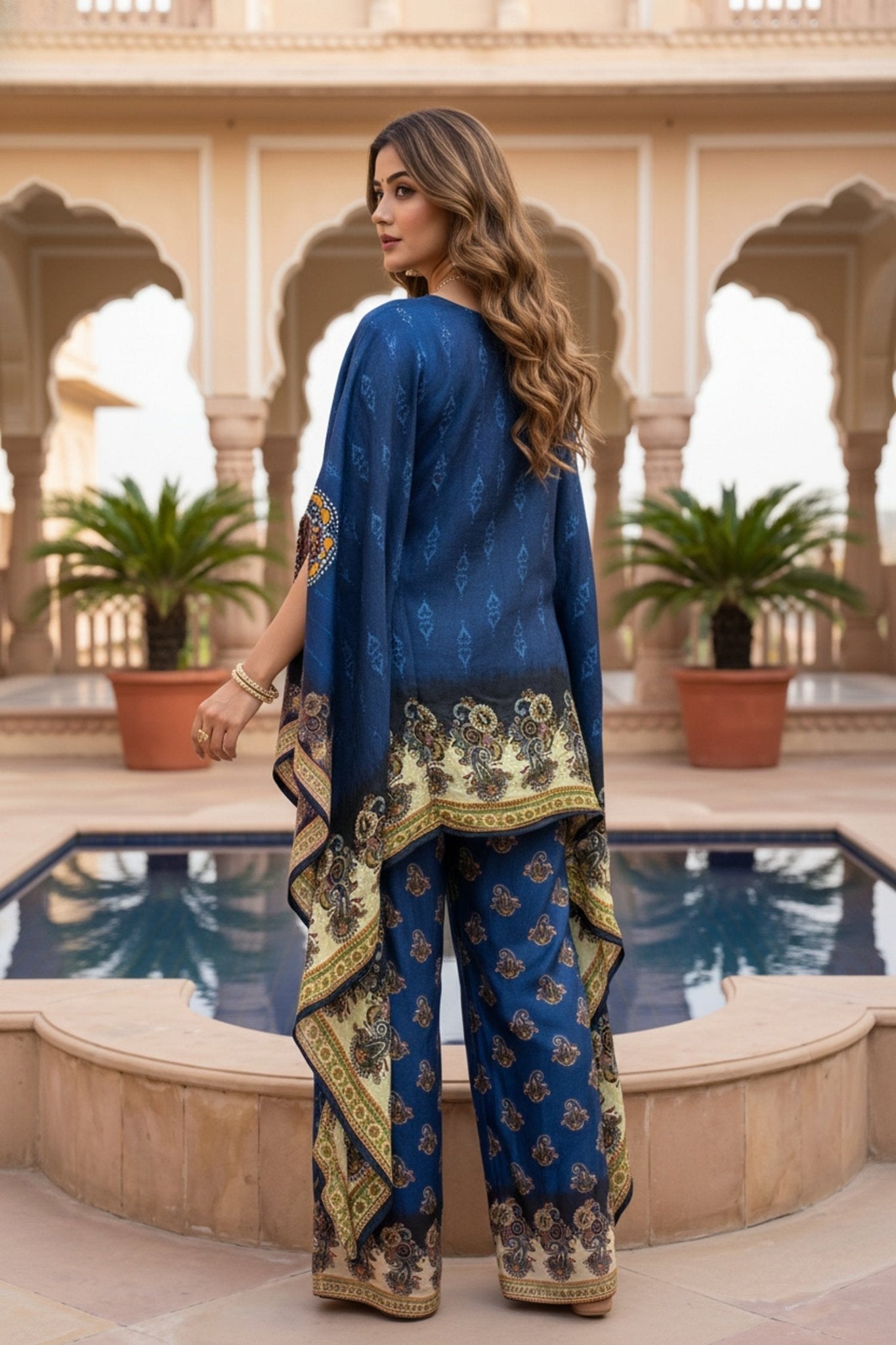 Navy Blue Ethnic Print Co-ord Set with Kaftan-Style - Freyaa USA & Canada
