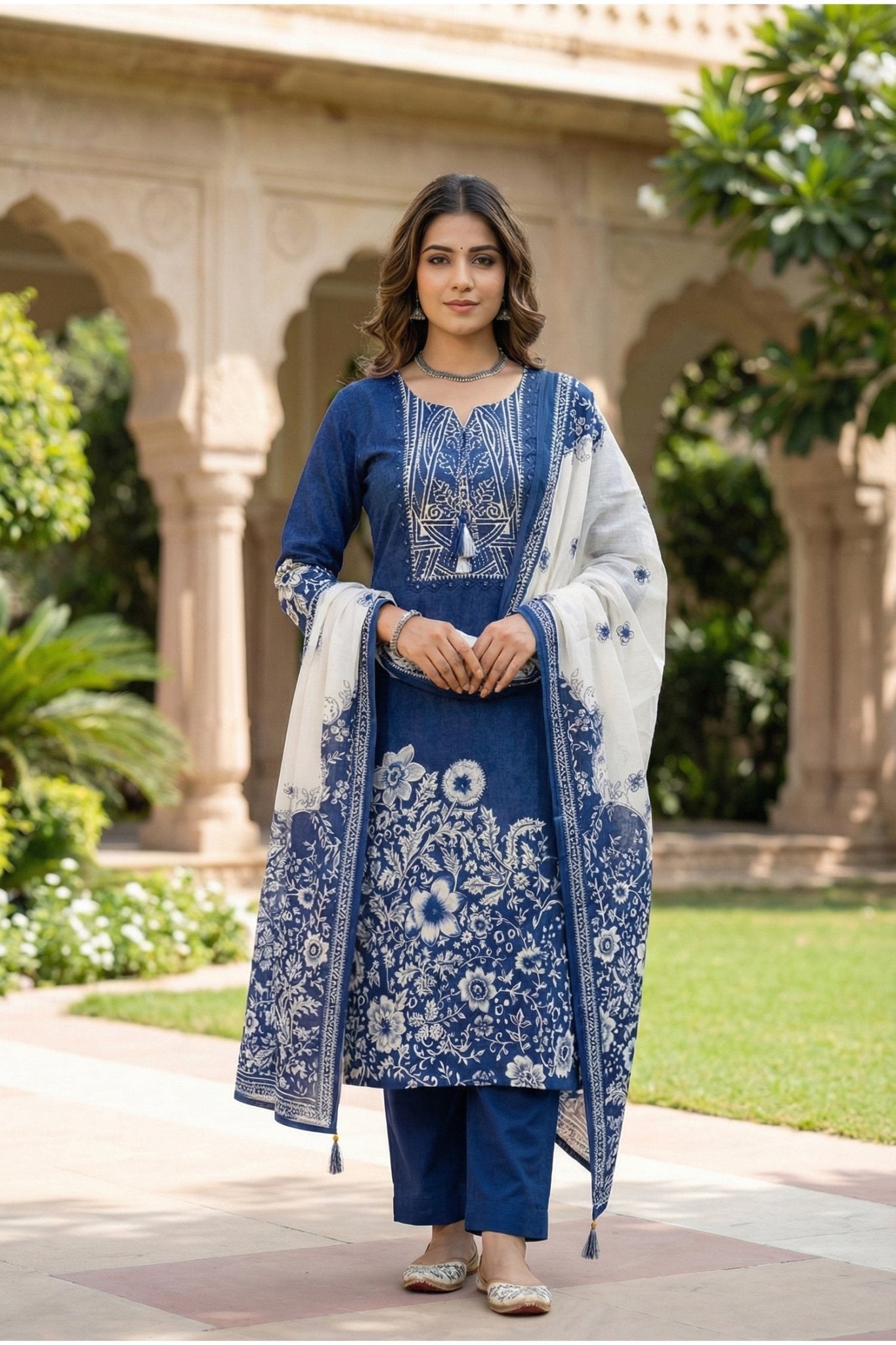 Blue Cotton Three-Piece Set with Digital Print - Freyaa USA & Canada
