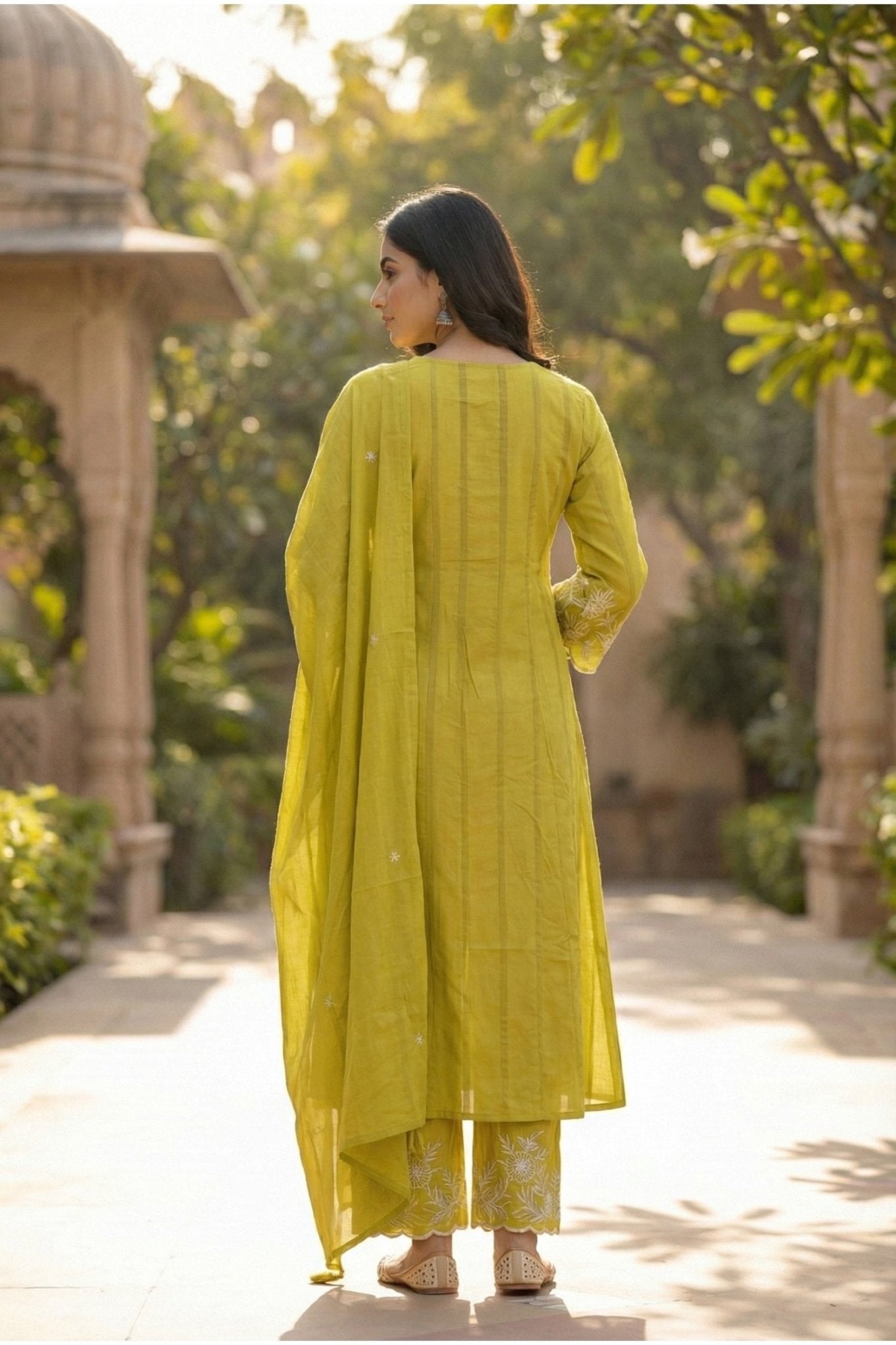 Mustard Embroidered Buti Kurta Set with Floral Placement Work & Tassel Neck Detail - Freyaa USA & Canada