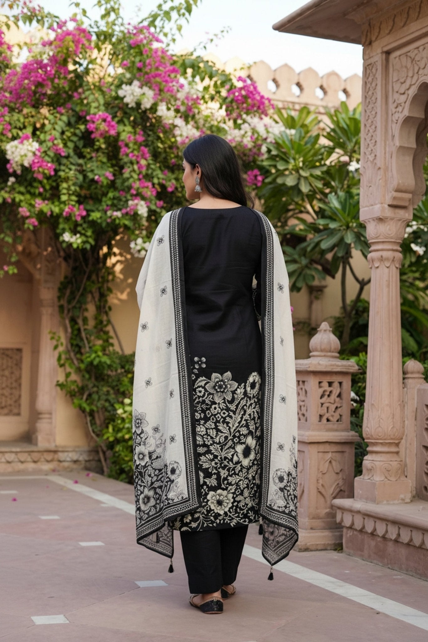 Black Cotton Three-Piece Suit Set with Elegant Ethnic Design - Freyaa USA & Canada