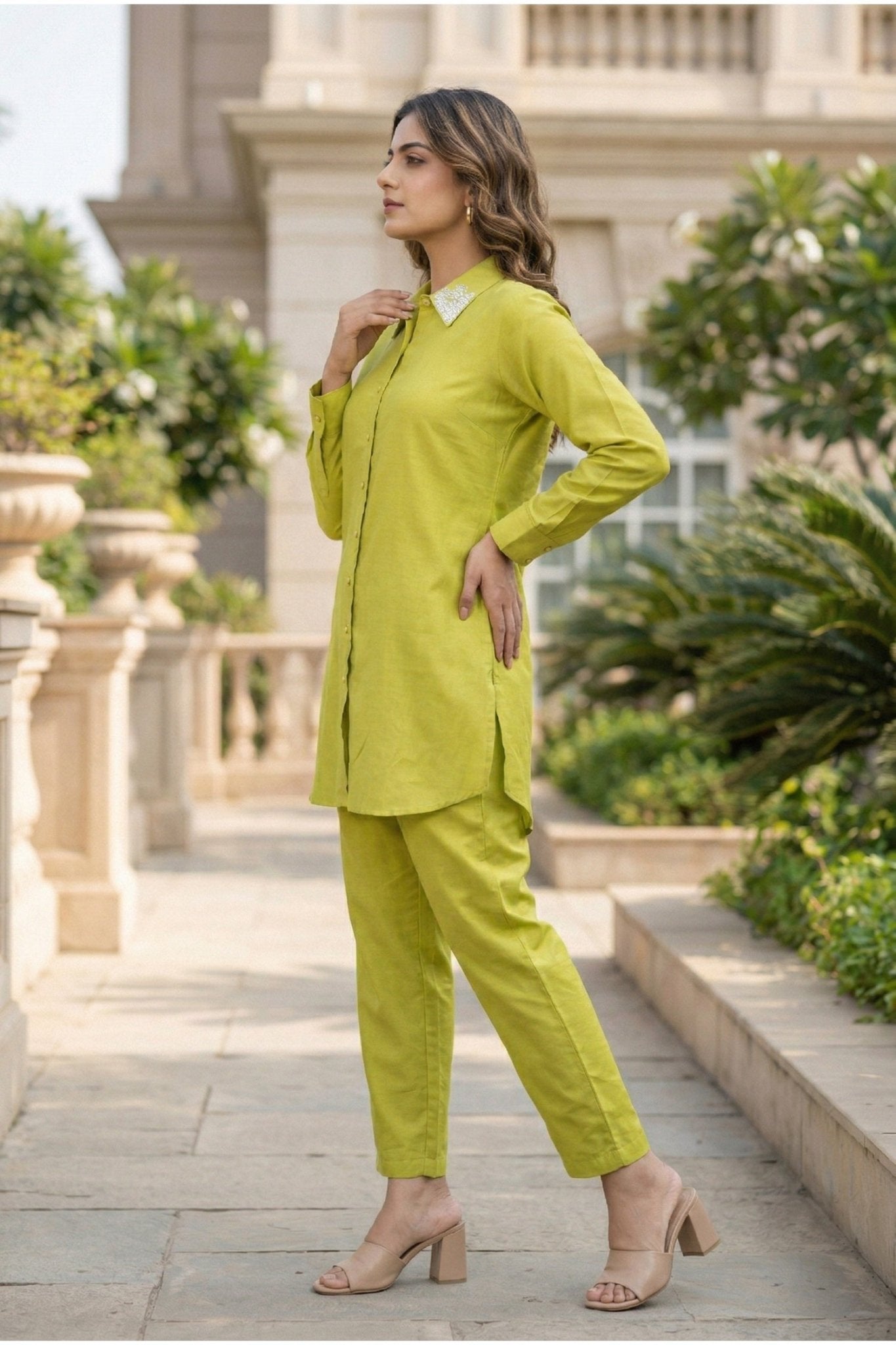 Yellow Cotton Co-ord Set with Collar Embroidery - Freyaa USA & Canada