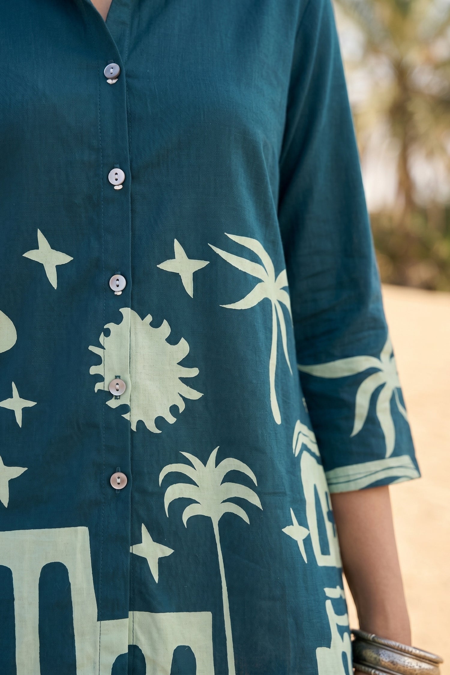 Women's Teal Blue Ethnic Print Russian Silk Shirt Top