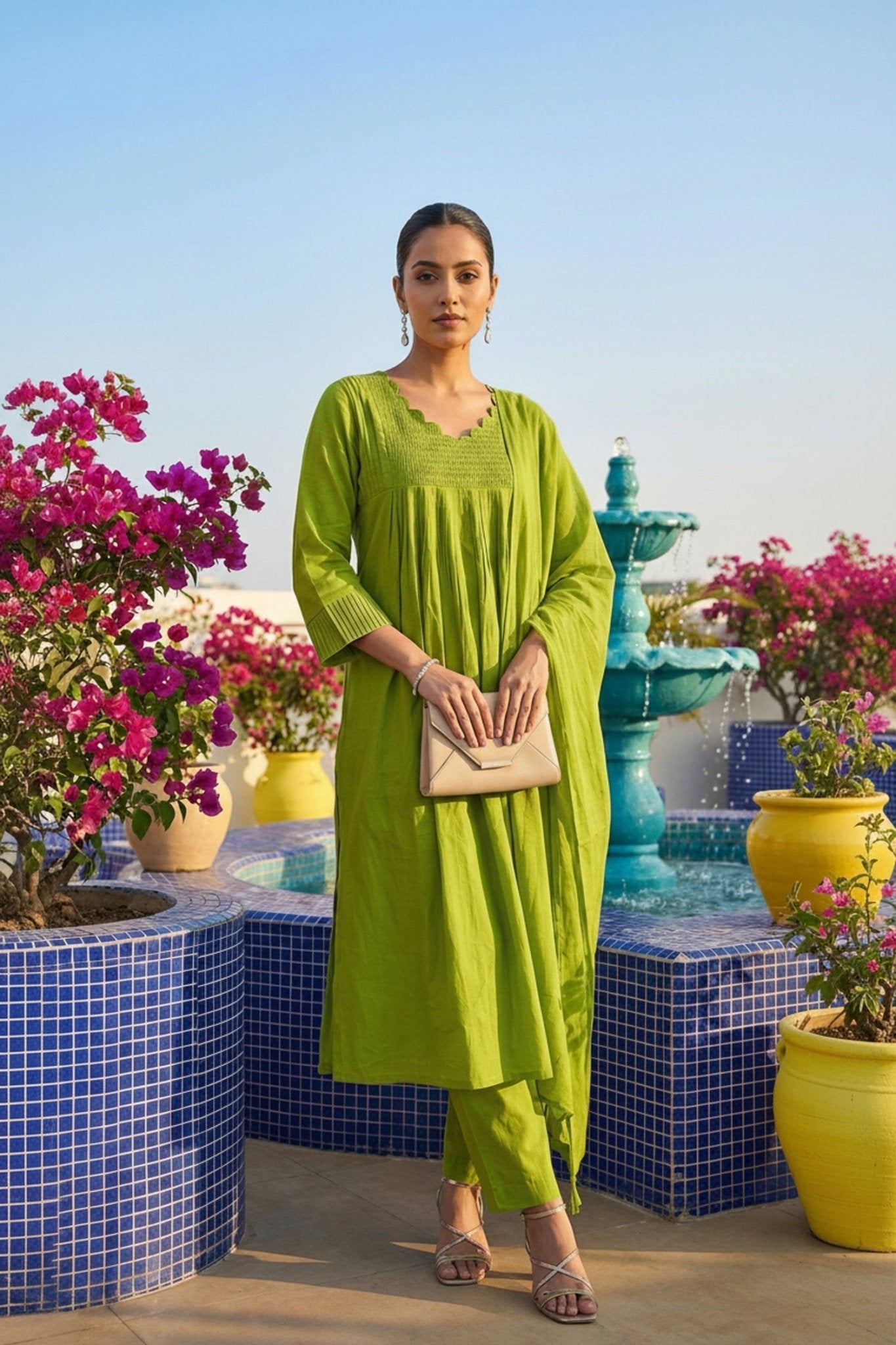 Green Mul Cotton Three Piece with Minimal Embroidery - Freyaa USA & Canada