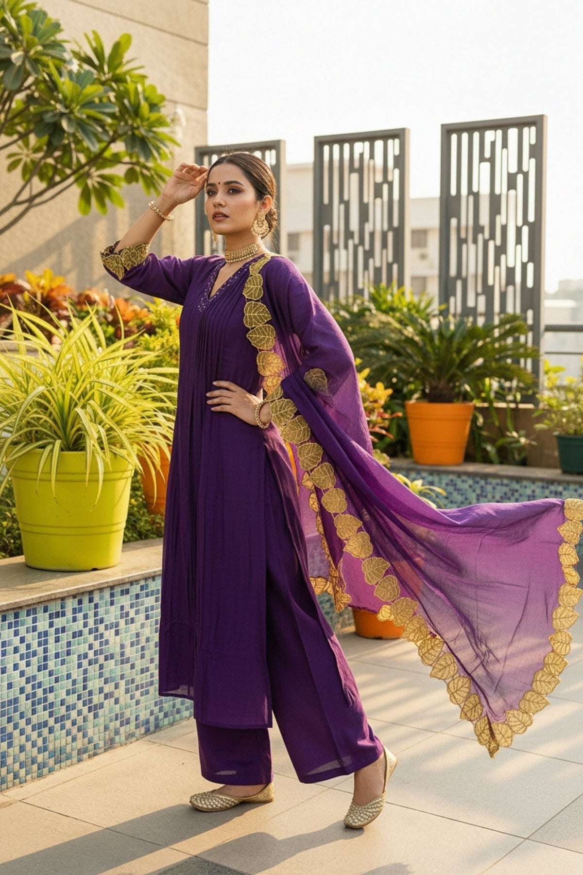 Purple Mul Cotton Three Piece with Embroidered Dupatta - Freyaa USA & Canada