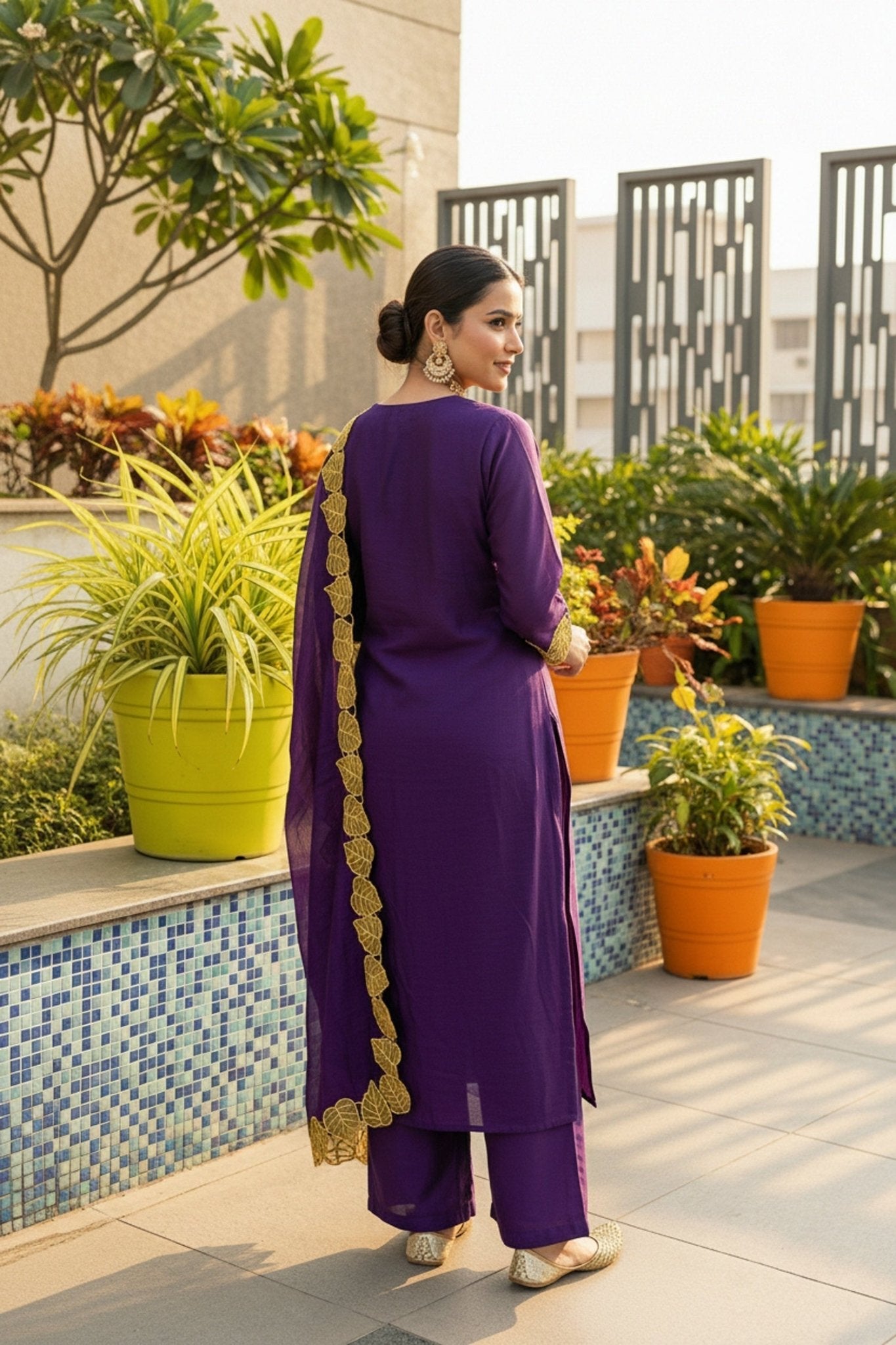 Purple Mul Cotton Three Piece with Embroidered Dupatta - Freyaa USA & Canada