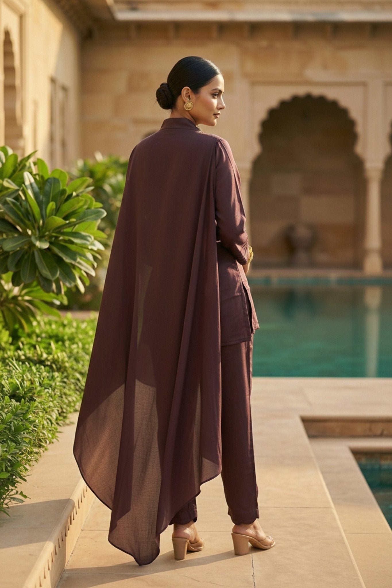 Wine Elegance Embroidered Collar Co-ord Set - Freyaa USA & Canada