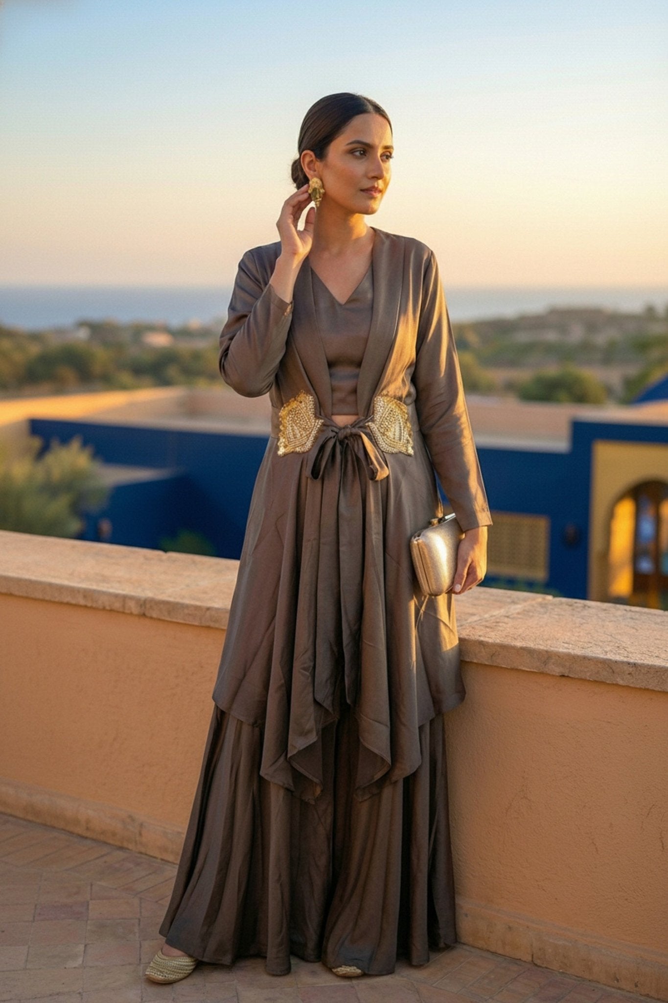 Modern Grey Chic Satin Co-ord with Jacket - Freyaa USA & Canada