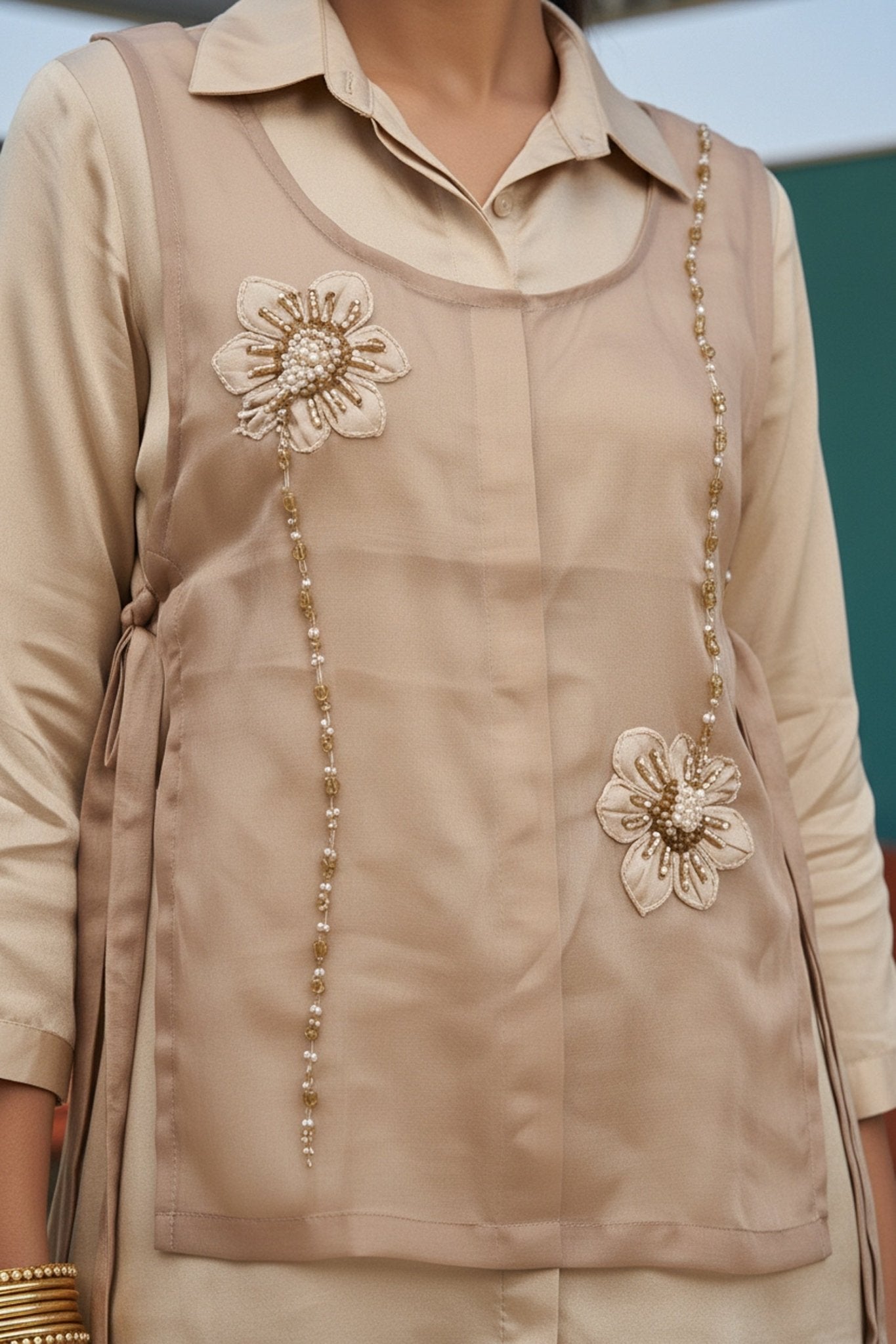 Beige Grace Tissue Jacket with Chinon Cord Set - Freyaa USA & Canada
