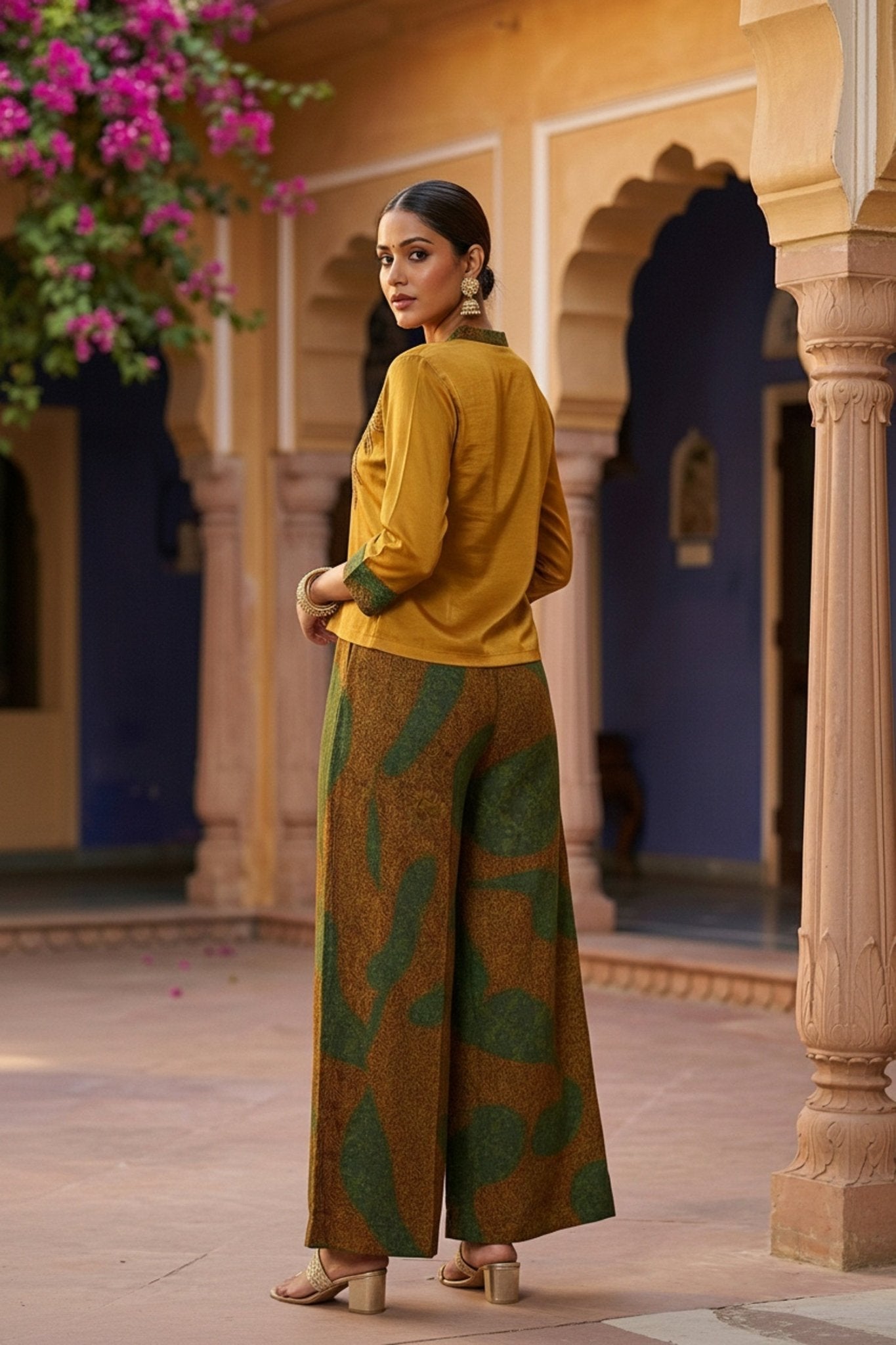 Mustard Chinon Cord Set with Embroidered Top & Printed Pants - Freyaa USA & Canada