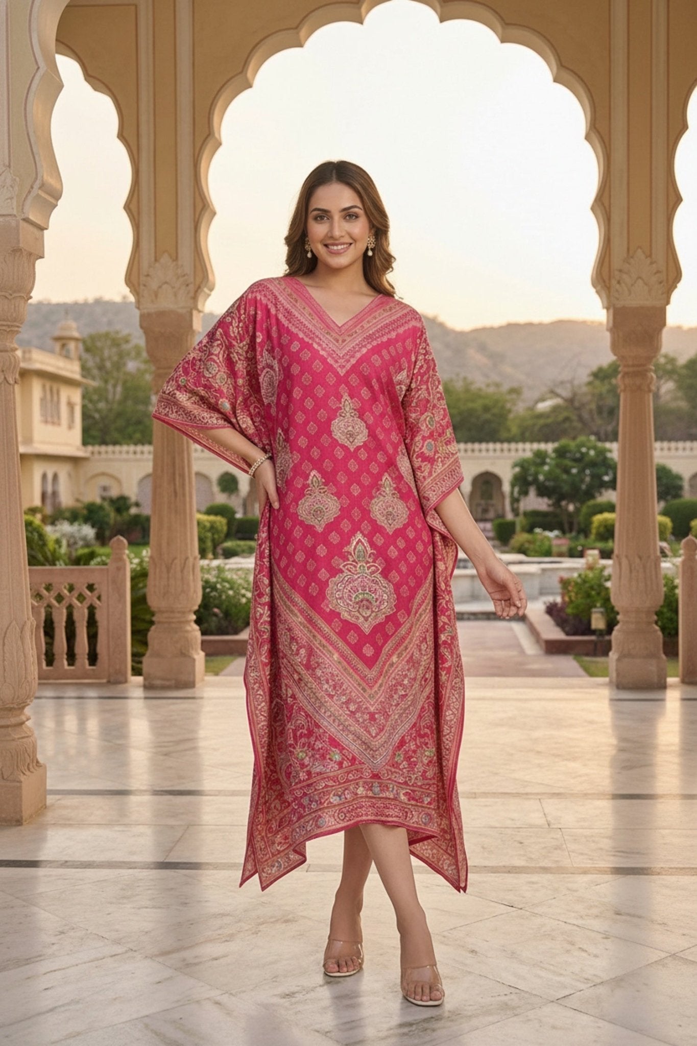 Pink Printed Viscose Long Kaftan - Freyaa USA & Canada