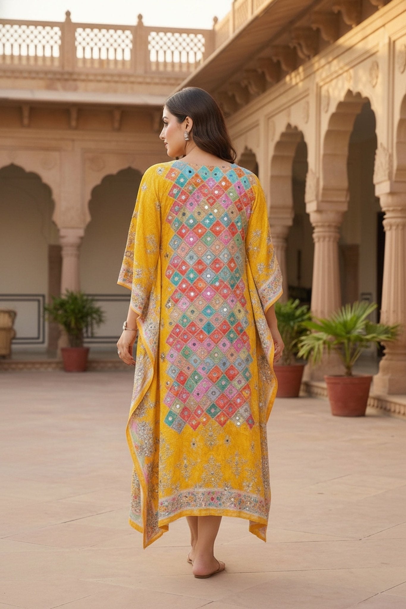 Multicolor Viscose Long Kaftan with Mirror Work Embroidery - Freyaa USA & Canada