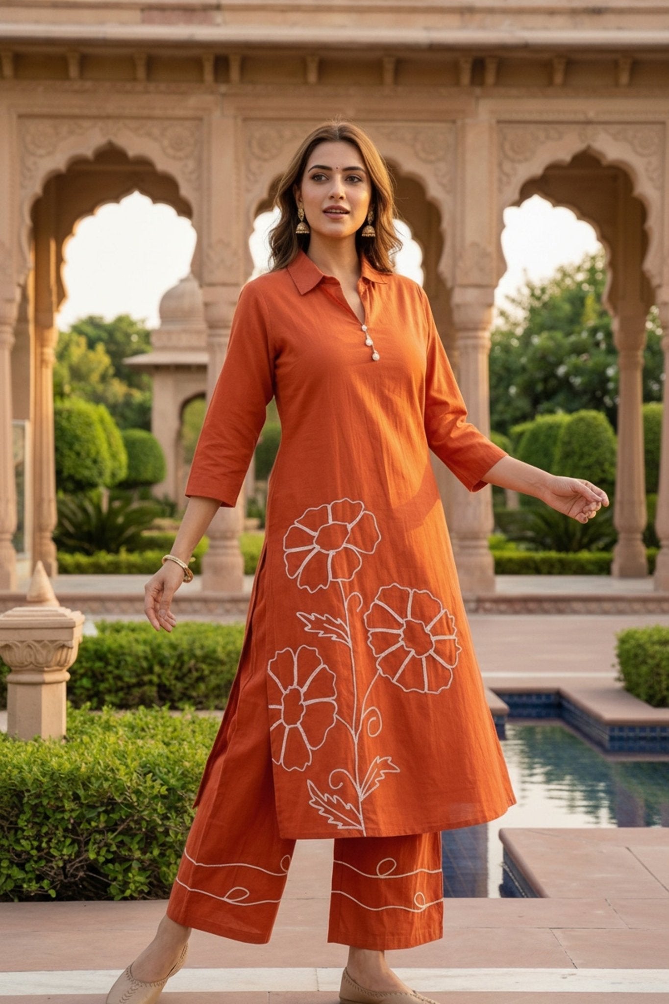 Rust Cotton Co-ord Set with Minimal Floral Thread Work - Freyaa USA & Canada