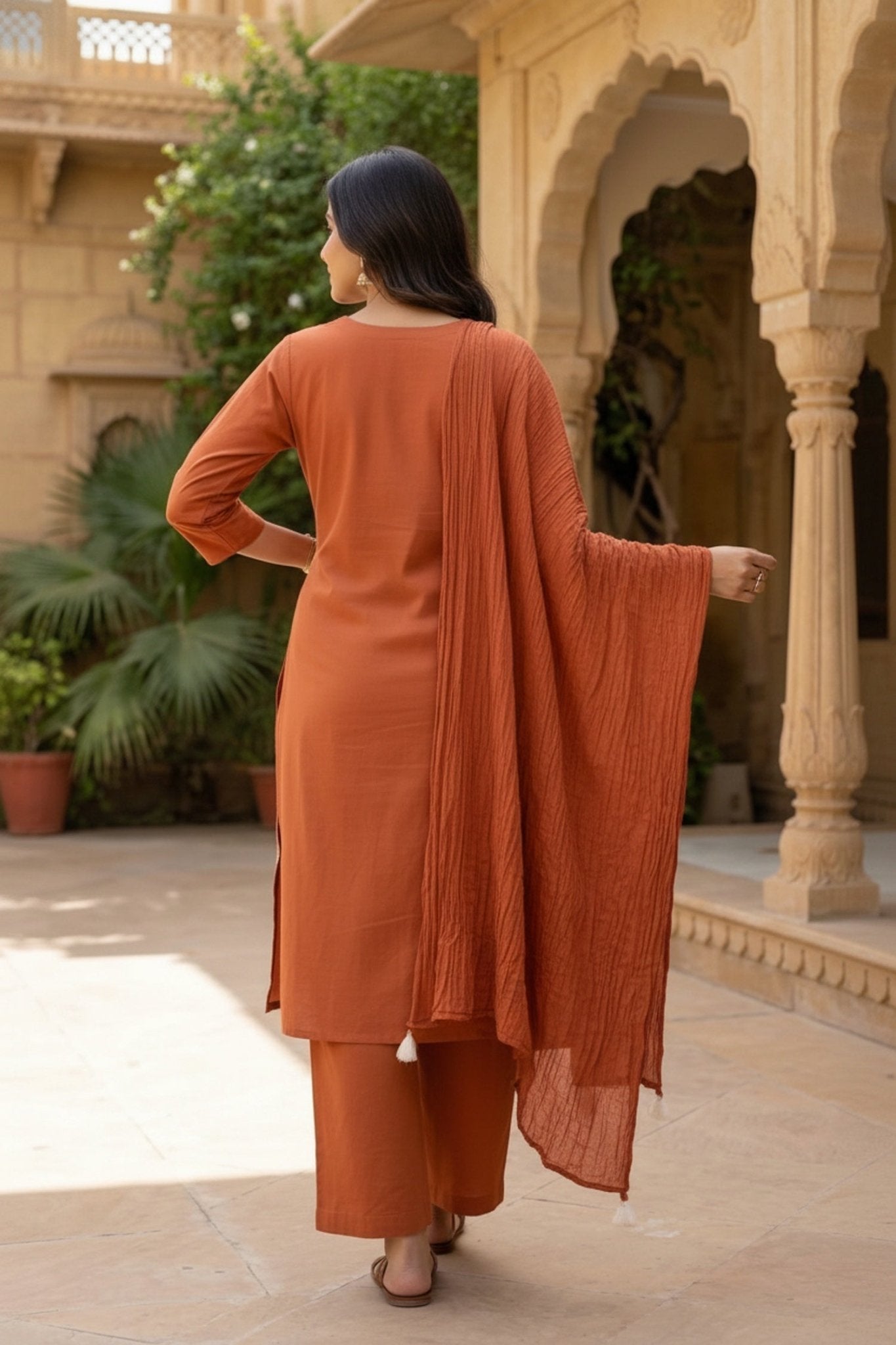 Orange Cotton Three-Piece Set with Minimal Work in Straight Cut - Freyaa USA & Canada