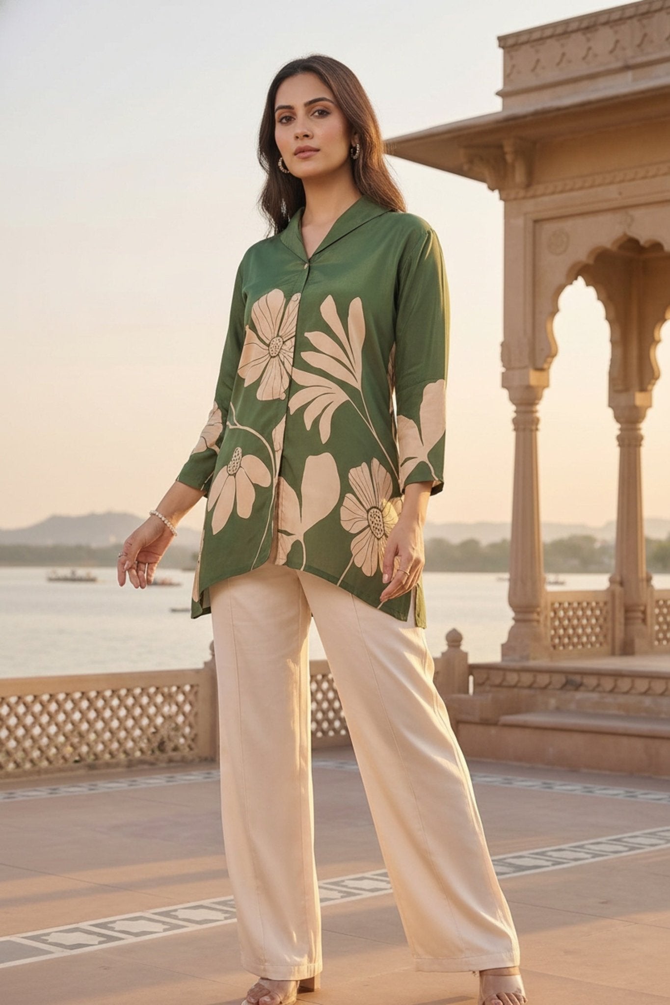 Olive Green Printed Crepe Shirt - Freyaa USA & Canada