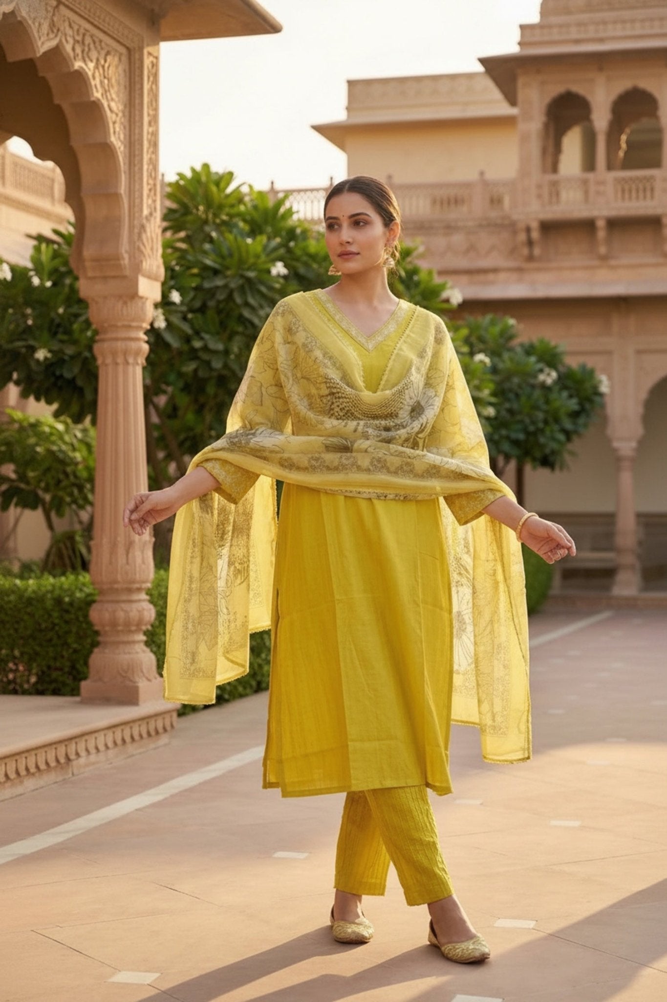 Yellow Cotton Three-Piece Set with Tissue Silk Dupatta - Freyaa USA & Canada