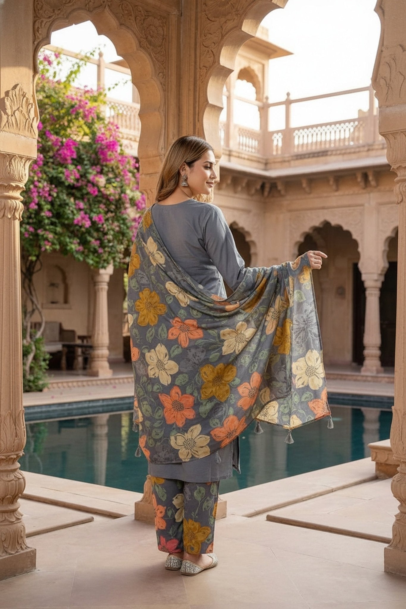 Grey Cotton Three-Piece Set with Printed Bottom & Dupatta - Freyaa USA & Canada