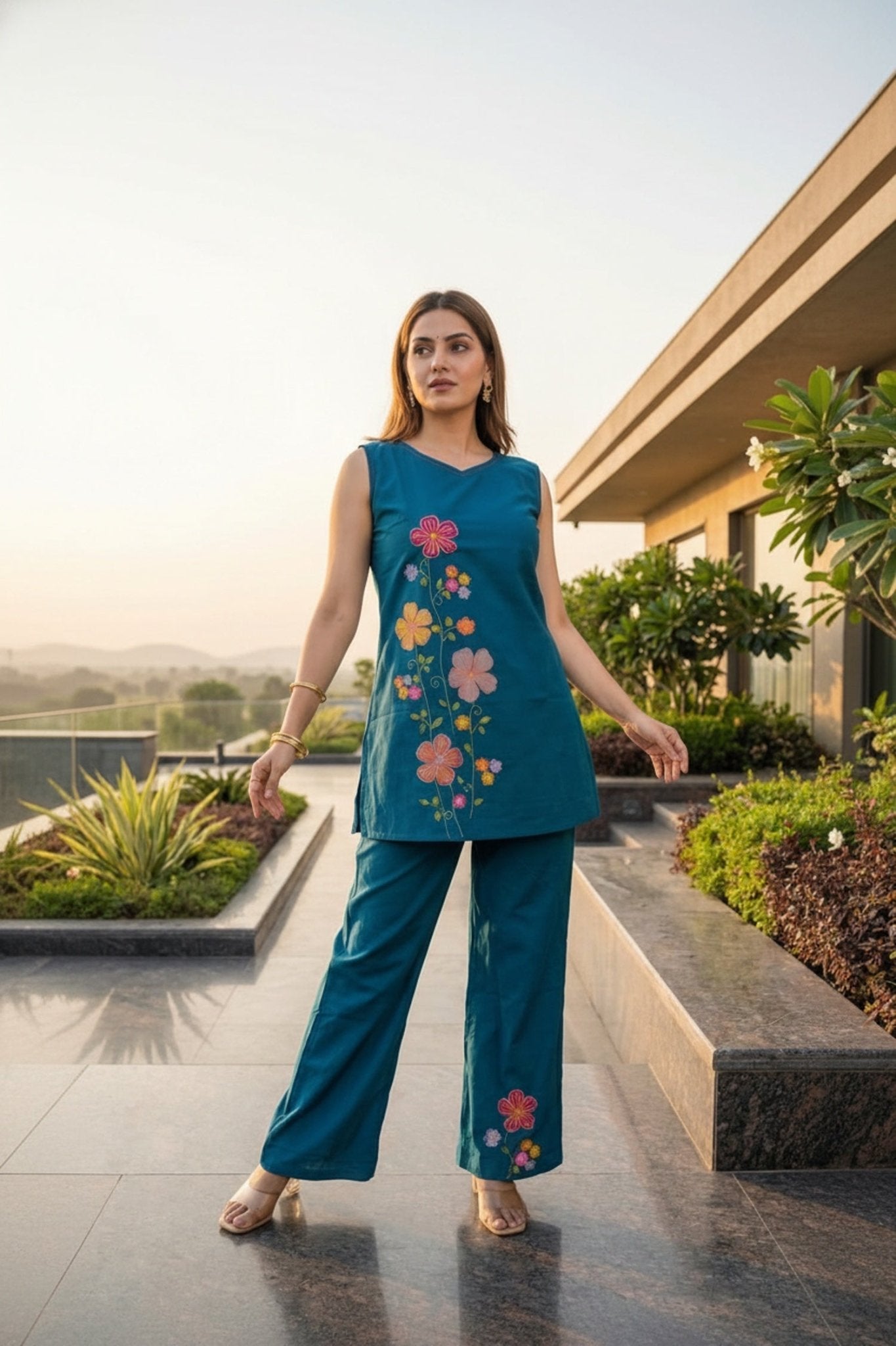 Blue Sleeveless Cotton Co-ord Set with Floral Embroidery - Freyaa USA & Canada