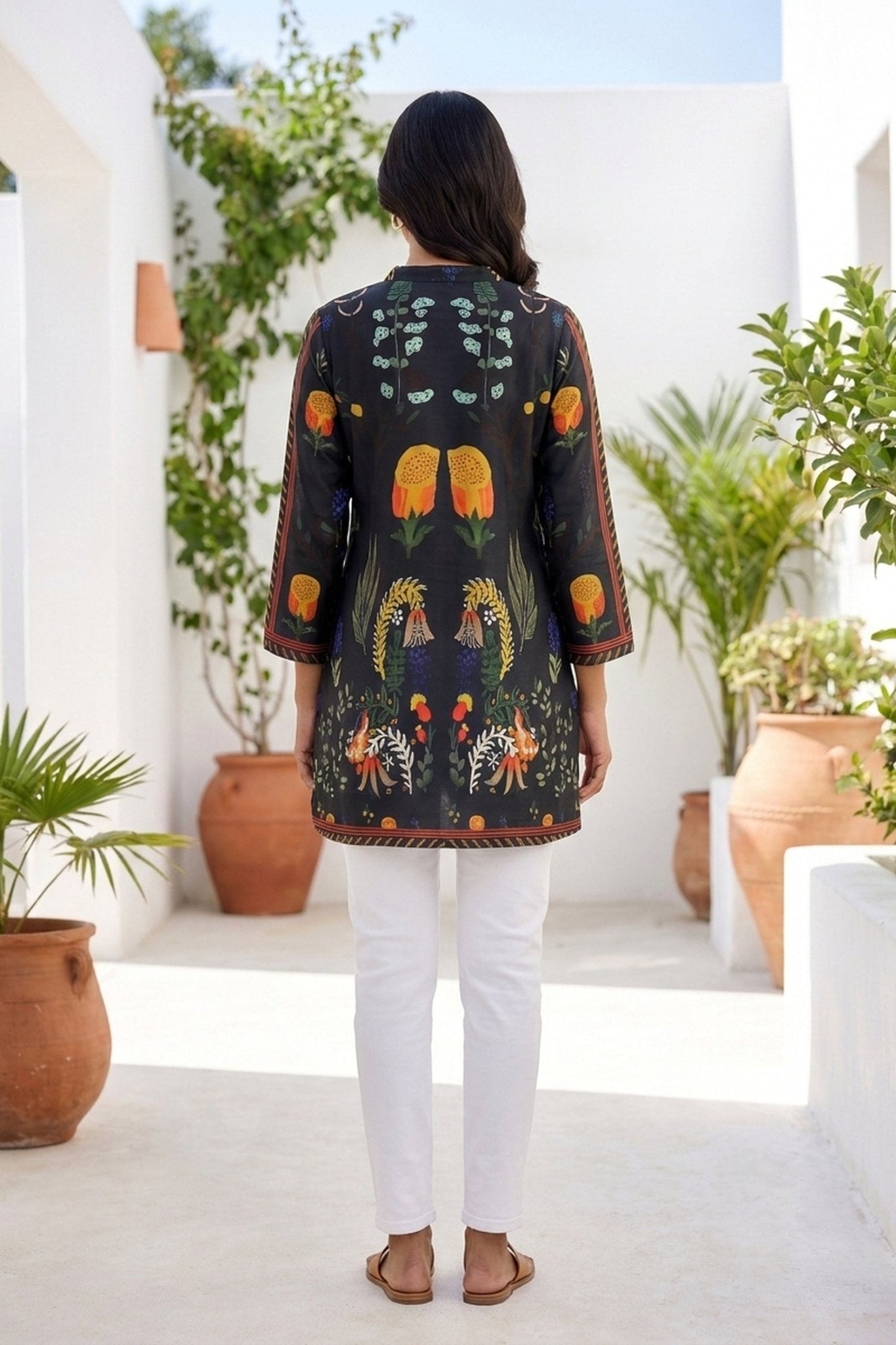 Black Vibrant Botanical Printed Dress - Freyaa USA & Canada
