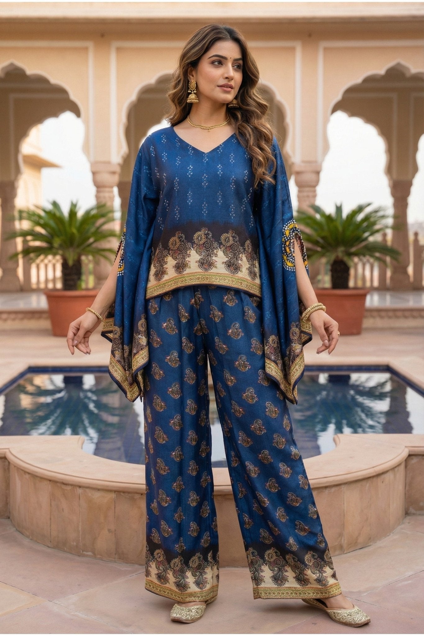 Navy Blue Ethnic Print Co-ord Set with Kaftan-Style - Freyaa USA & Canada