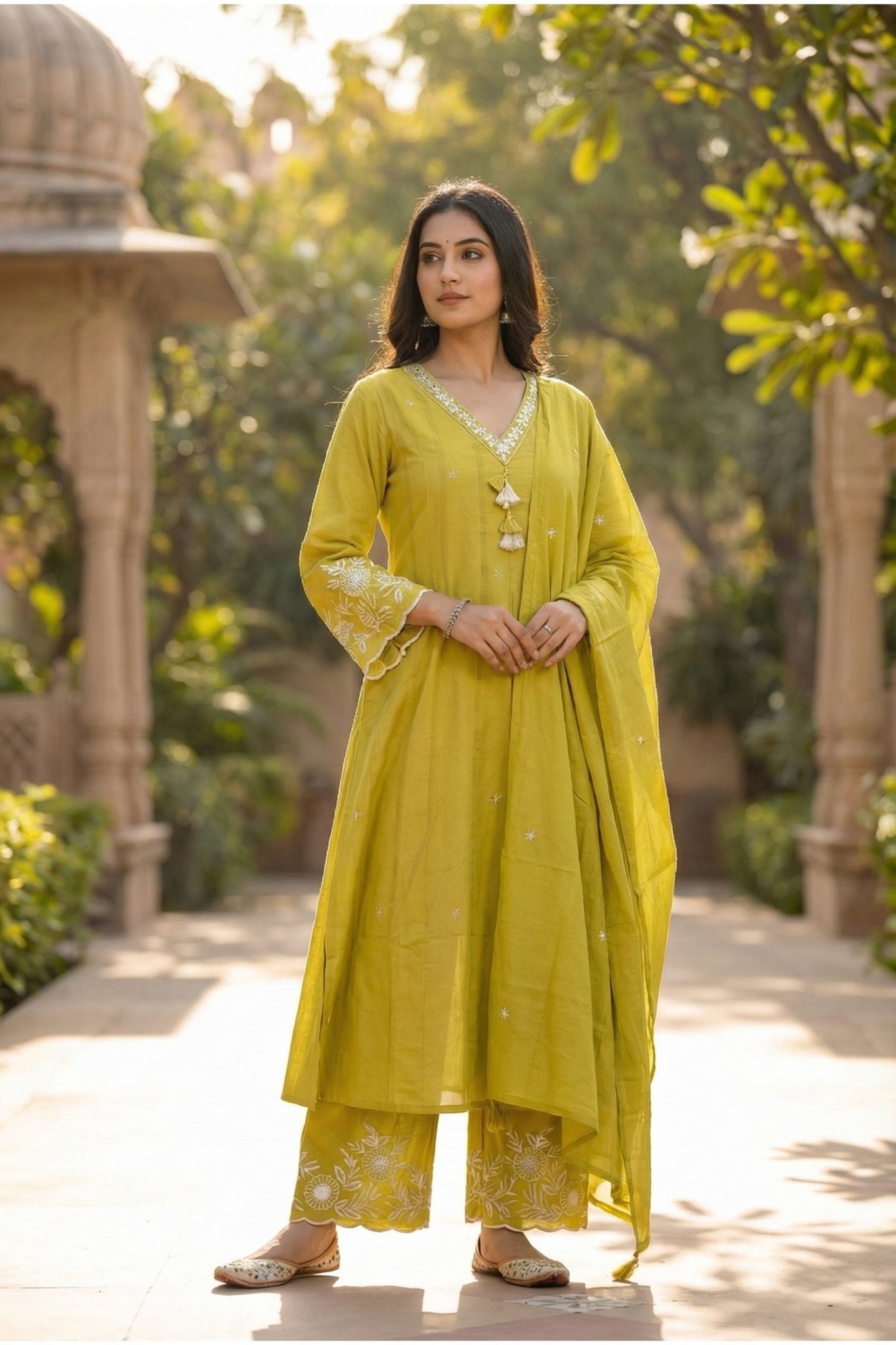 Mustard Embroidered Buti Kurta Set with Floral Placement Work & Tassel Neck Detail - Freyaa USA & Canada